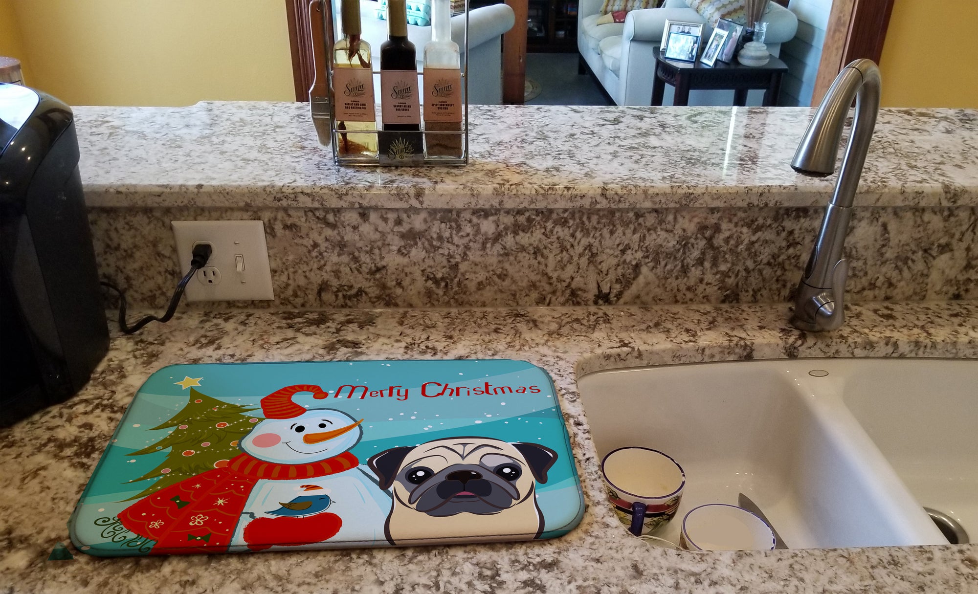 Snowman with Fawn Pug Dish Drying Mat BB1882DDM  the-store.com.