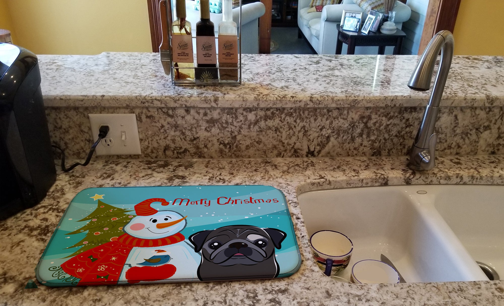 Snowman with Black Pug Dish Drying Mat BB1883DDM  the-store.com.