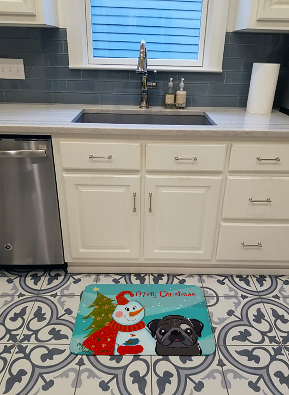 Snowman with Black Pug Machine Washable Memory Foam Mat BB1883RUG - the-store.com