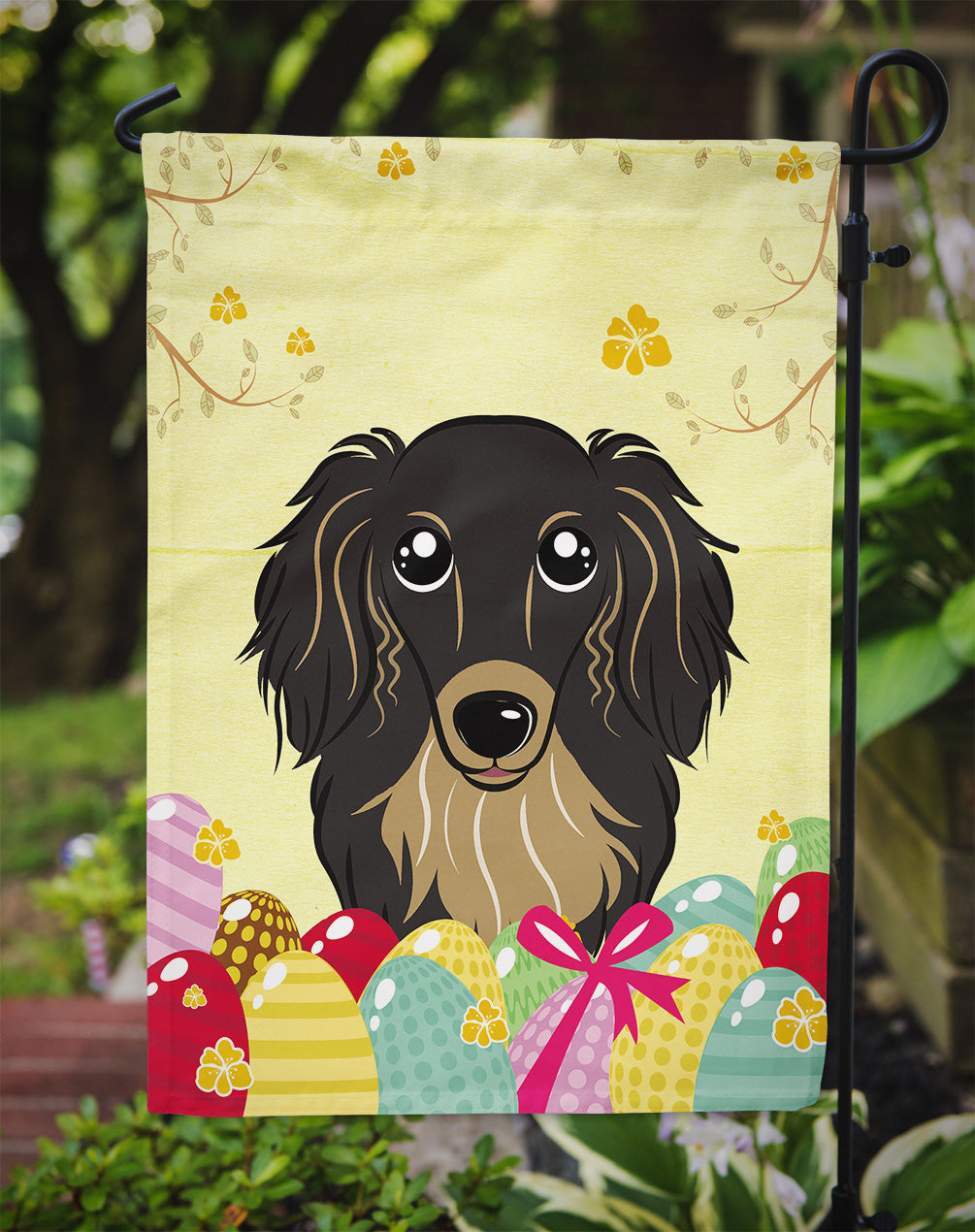 Longhair Black and Tan Dachshund Easter Egg Hunt Flag Garden Size BB1895GF  the-store.com.