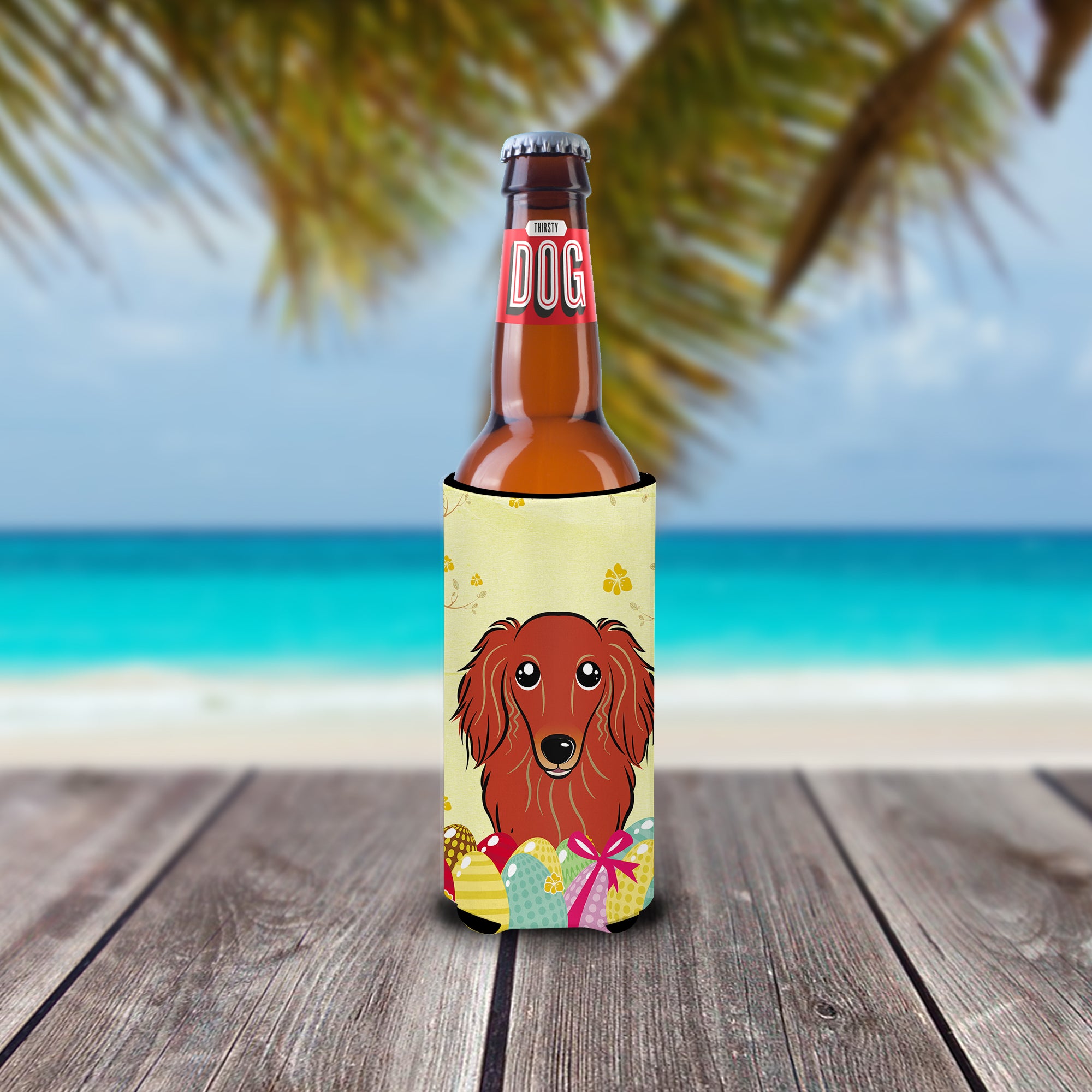 Longhair Red Dachshund Easter Egg Hunt  Ultra Beverage Insulator for slim cans BB1896MUK  the-store.com.