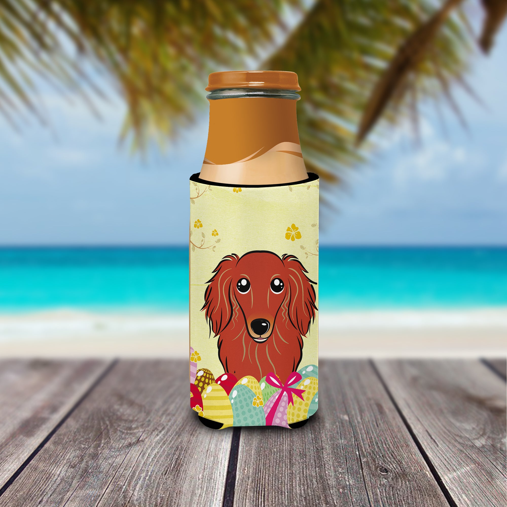 Longhair Red Dachshund Easter Egg Hunt  Ultra Beverage Insulator for slim cans BB1896MUK  the-store.com.