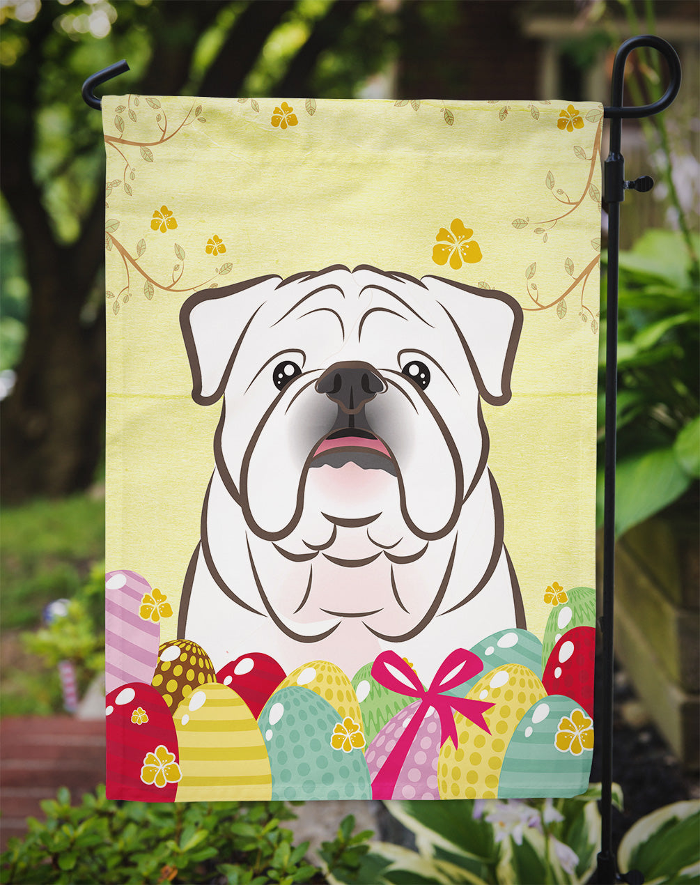 White English Bulldog  Easter Egg Hunt Flag Garden Size BB1902GF  the-store.com.