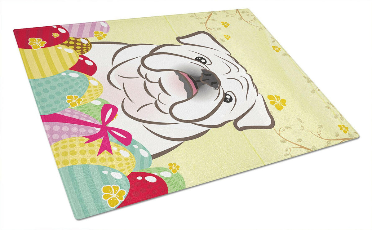 White English Bulldog  Easter Egg Hunt Glass Cutting Board Large BB1902LCB by Caroline&#39;s Treasures