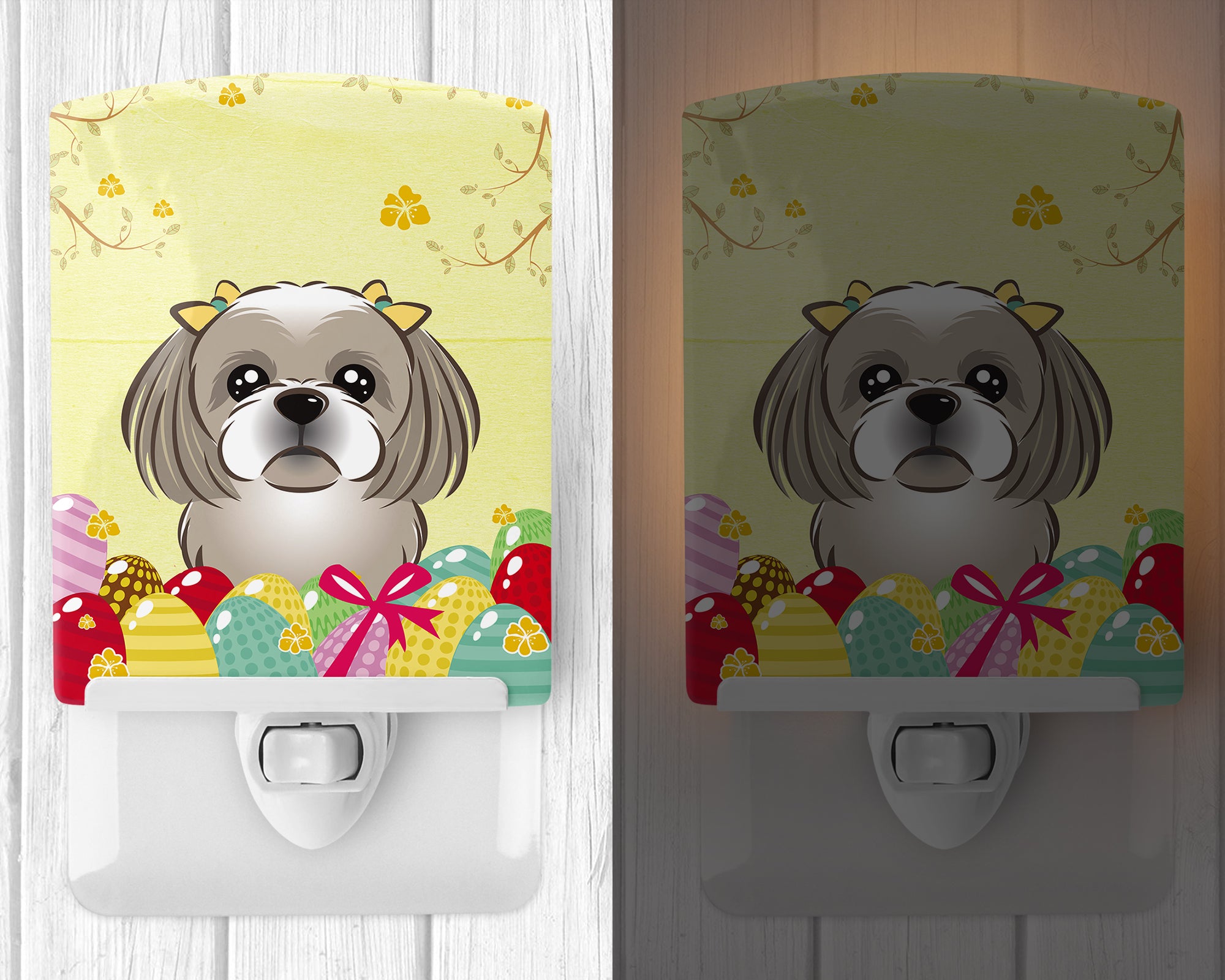 Gray Silver Shih Tzu Easter Egg Hunt Ceramic Night Light BB1932CNL - the-store.com