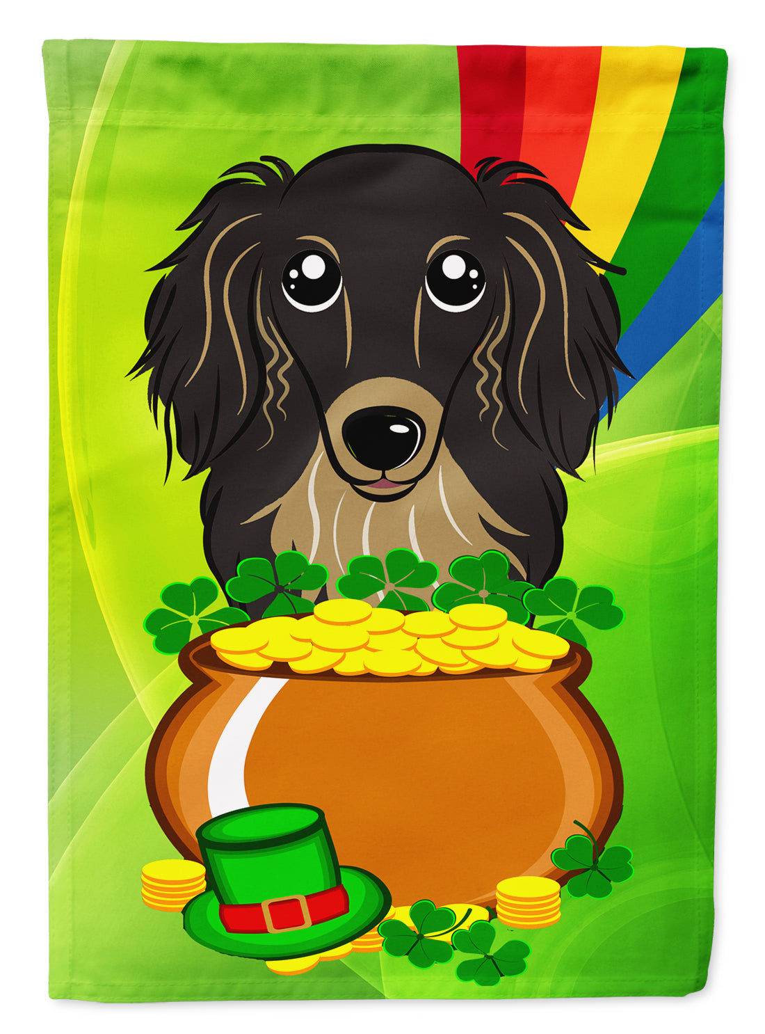 Longhair Black and Tan Dachshund St. Patrick&#39;s Day Flag Garden Size BB1957GF.