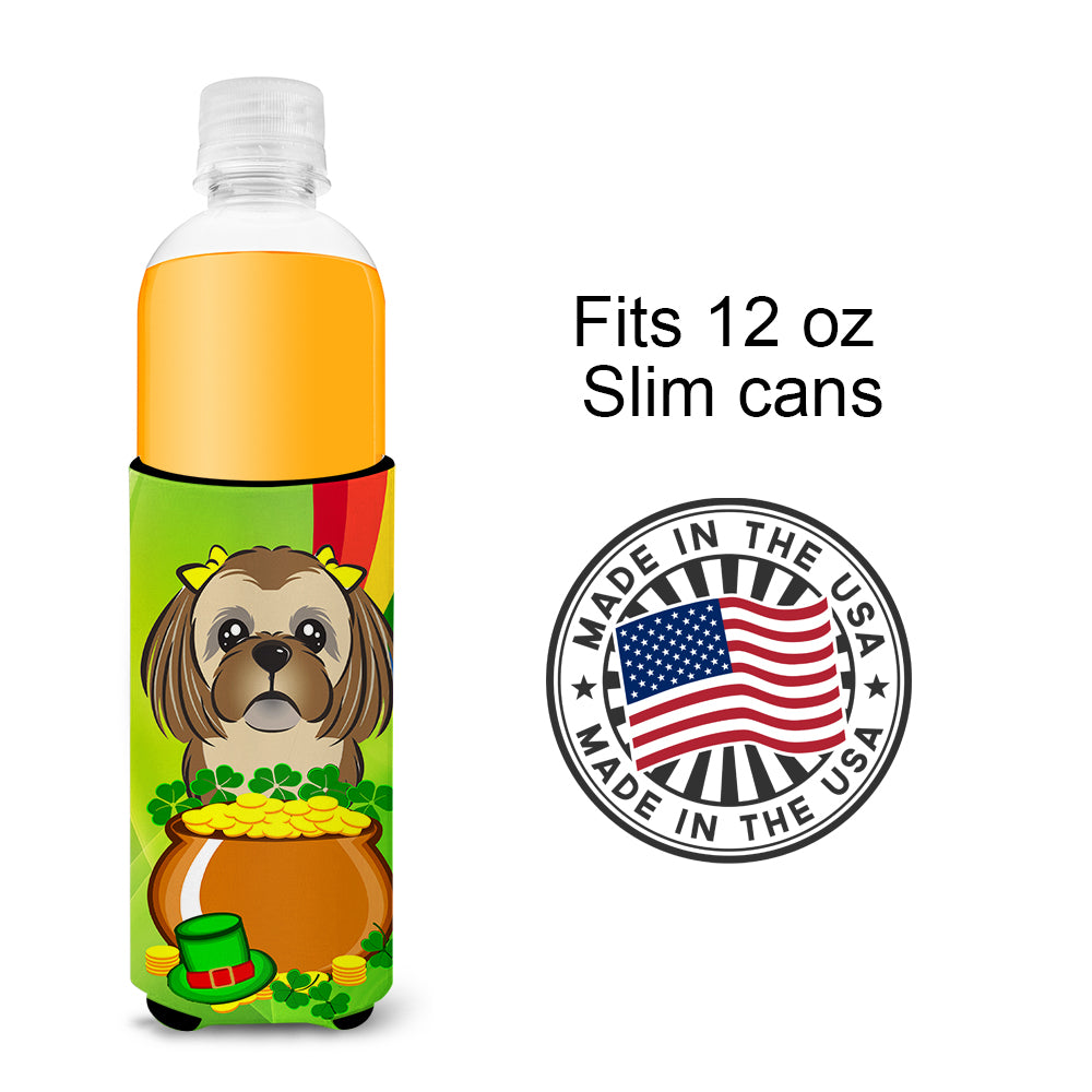 Chocolate Brown Shih Tzu St. Patrick's Day  Ultra Beverage Insulator for slim cans BB1993MUK  the-store.com.