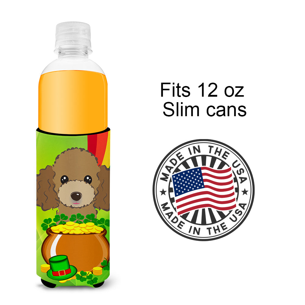 Chocolate Brown Poodle St. Patrick's Day  Ultra Beverage Insulator for slim cans BB2000MUK  the-store.com.