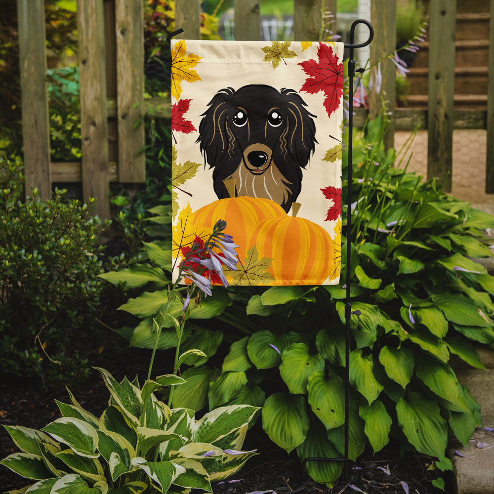 Longhair Black and Tan Dachshund Thanksgiving Flag Garden Size BB2019GF.