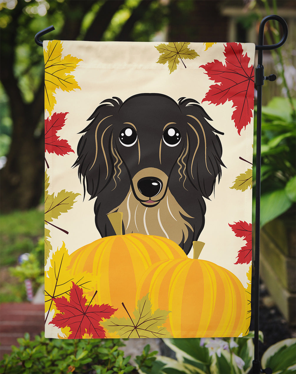 Longhair Black and Tan Dachshund Thanksgiving Flag Garden Size BB2019GF.