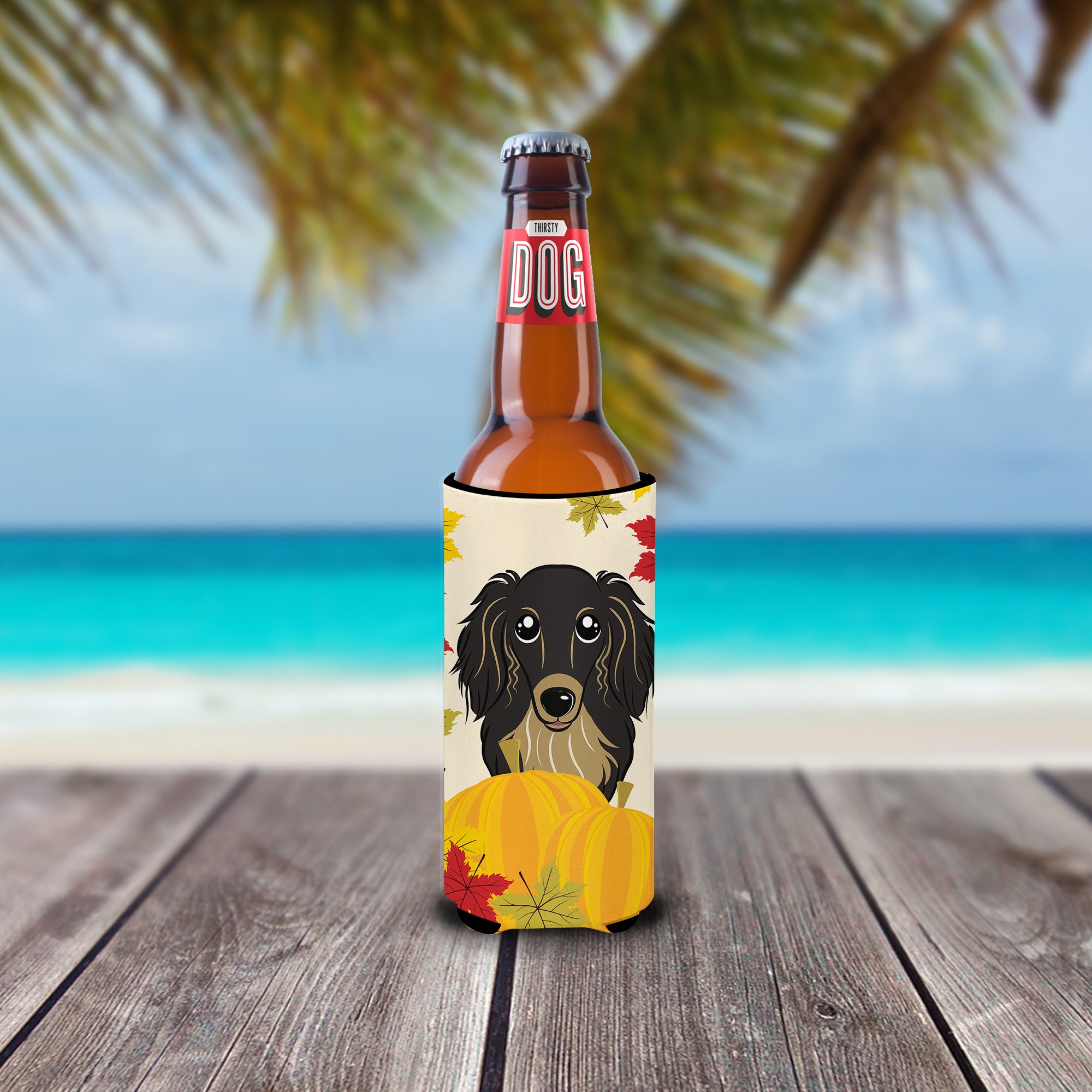 Longhair Black and Tan Dachshund Thanksgiving  Ultra Beverage Insulator for slim cans BB2019MUK  the-store.com.