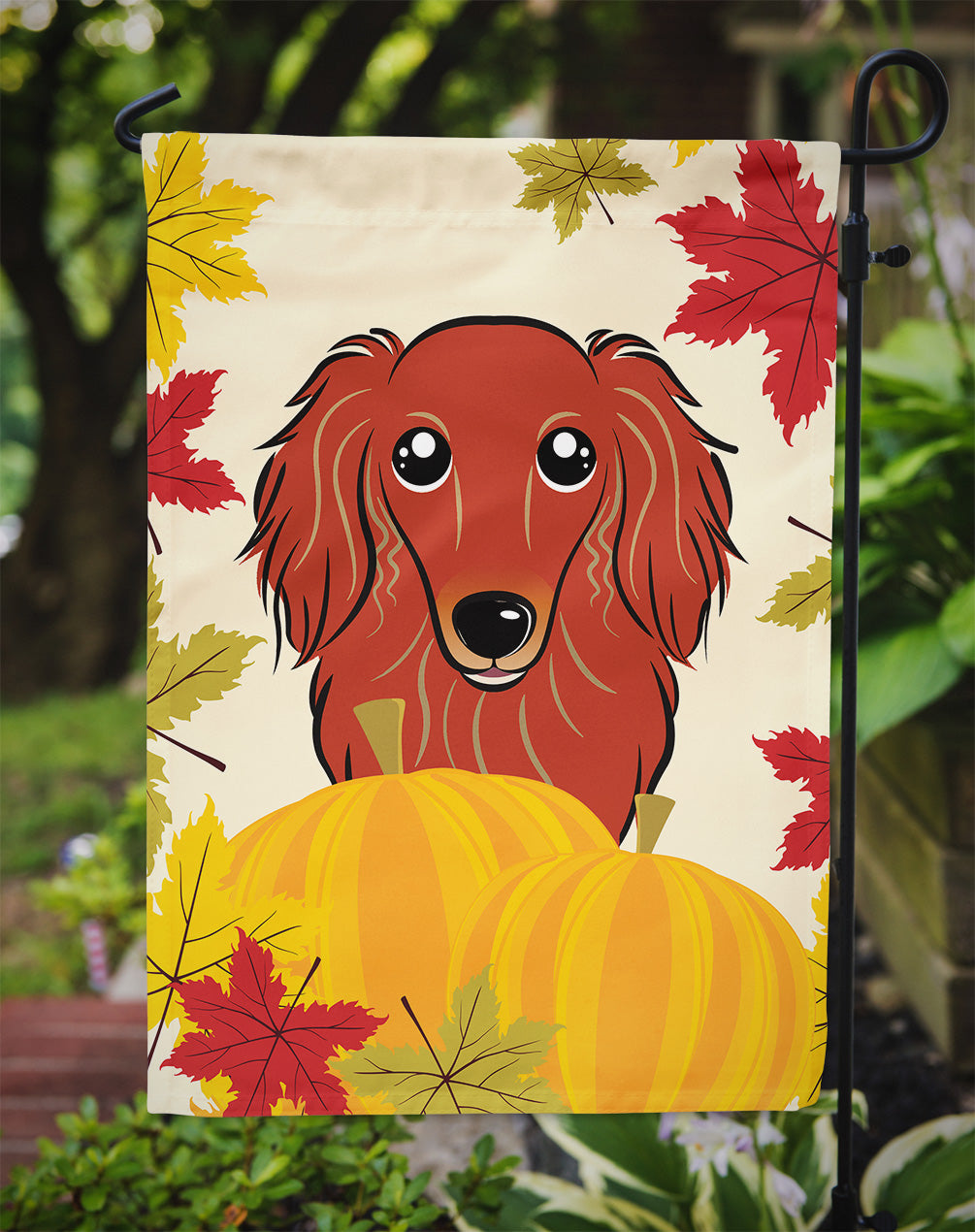 Longhair Red Dachshund Thanksgiving Flag Garden Size BB2020GF.