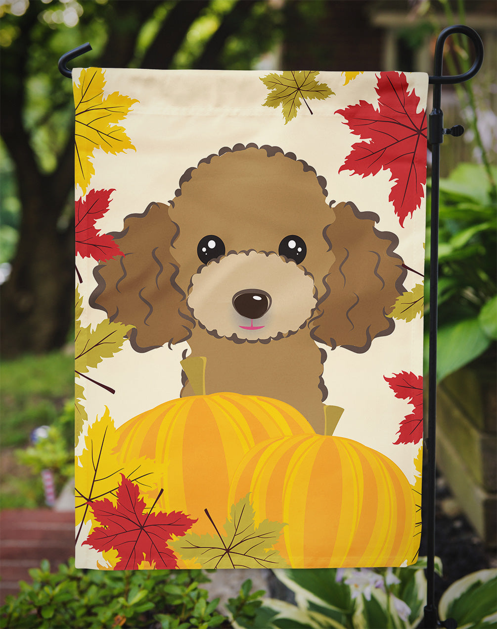 Chocolate Brown Poodle Thanksgiving Flag Garden Size BB2062GF.