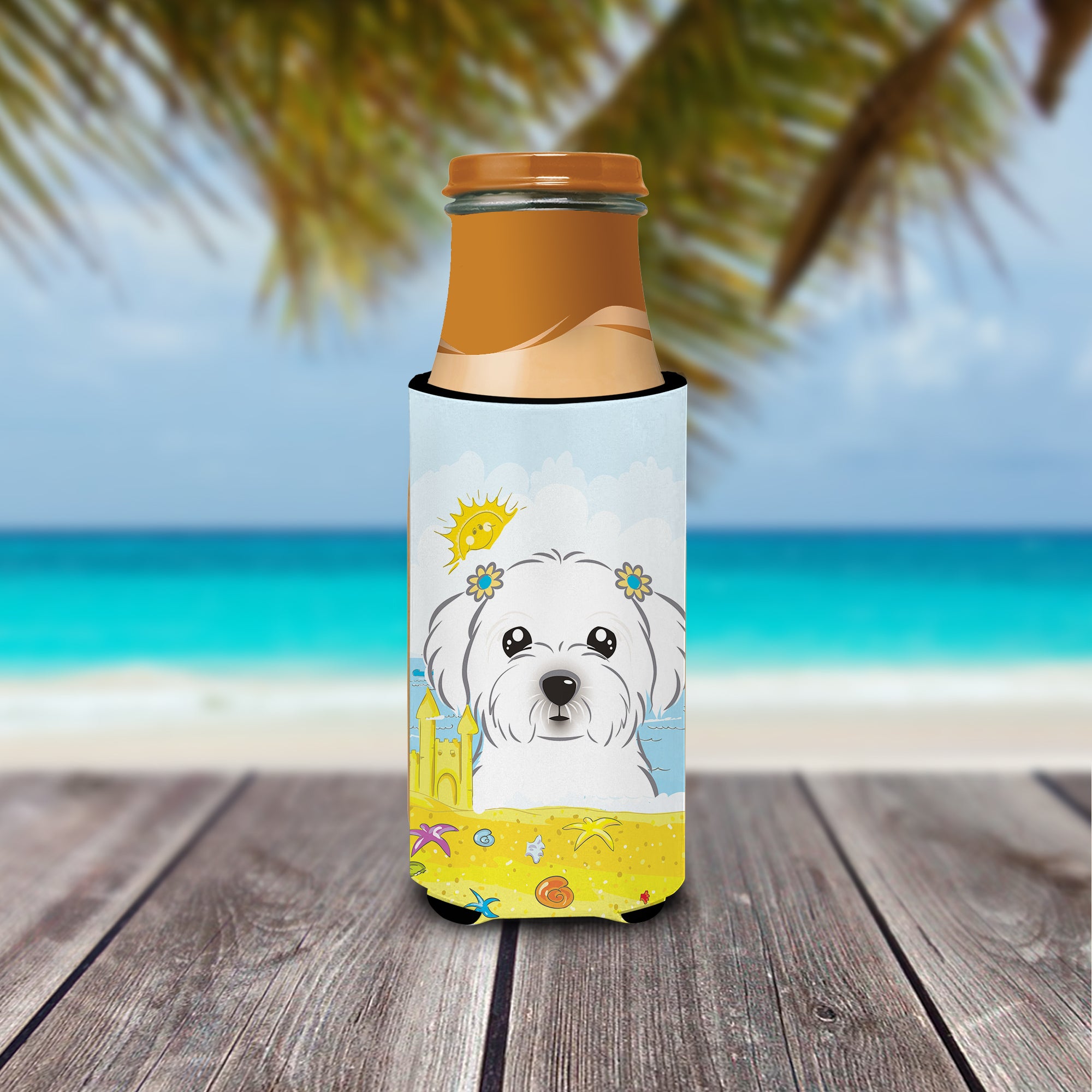 Maltese Summer Beach  Ultra Beverage Insulator for slim cans BB2076MUK  the-store.com.