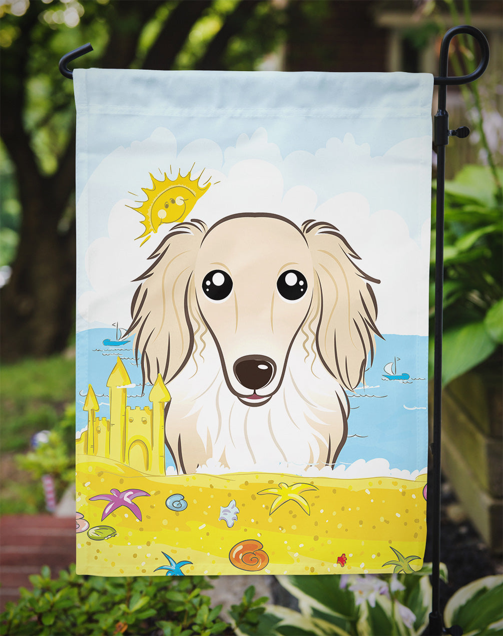 Longhair Creme Dachshund Summer Beach Flag Garden Size BB2080GF.