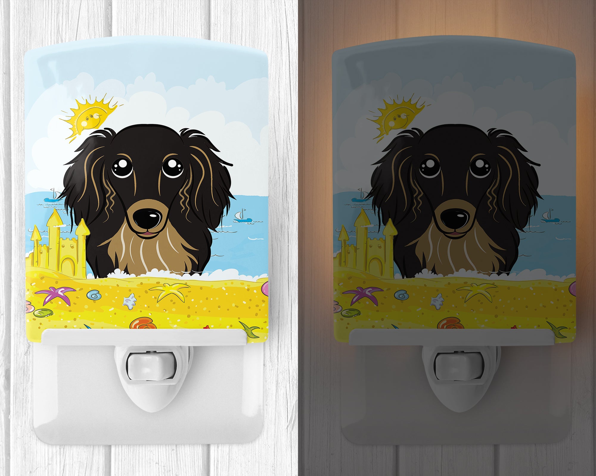 Longhair Black and Tan Dachshund Summer Beach Ceramic Night Light BB2081CNL - the-store.com