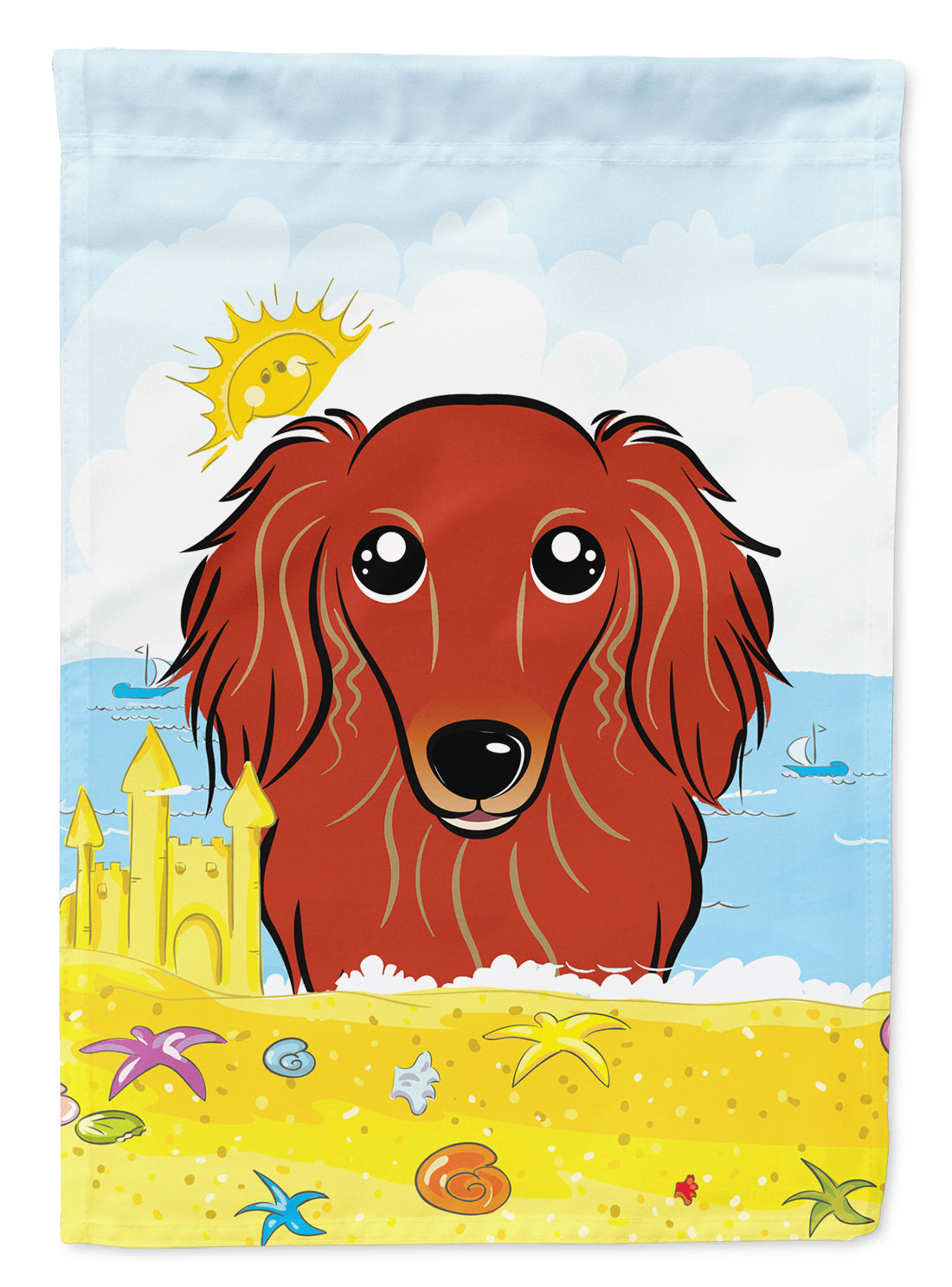 Longhair Red Dachshund Summer Beach Flag Garden Size BB2082GF.