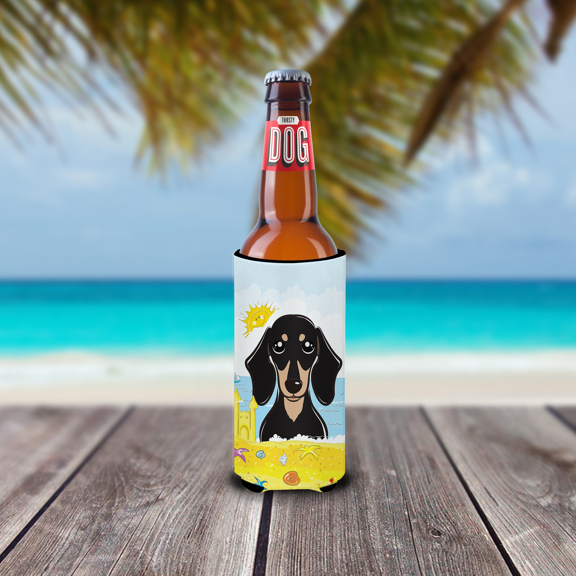 Smooth Black and Tan Dachshund Summer Beach  Ultra Beverage Insulator for slim cans BB2083MUK  the-store.com.
