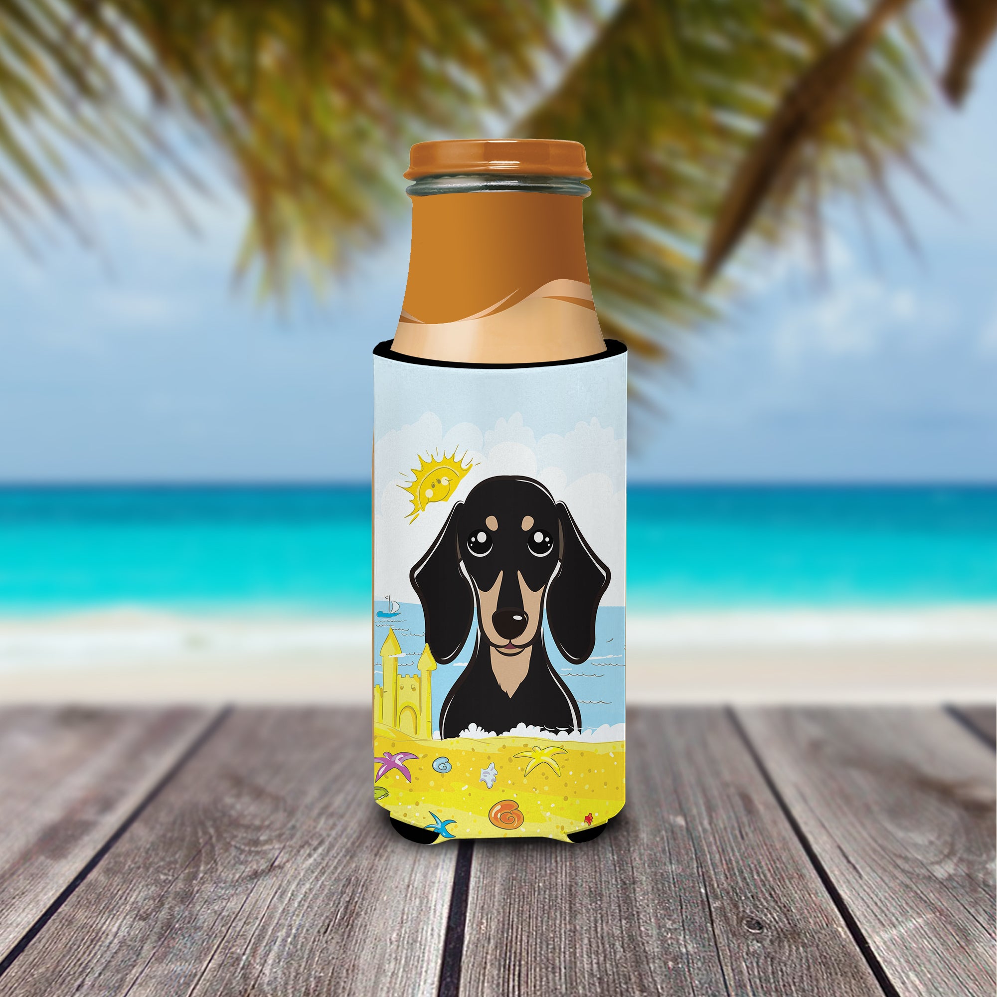 Smooth Black and Tan Dachshund Summer Beach  Ultra Beverage Insulator for slim cans BB2083MUK  the-store.com.