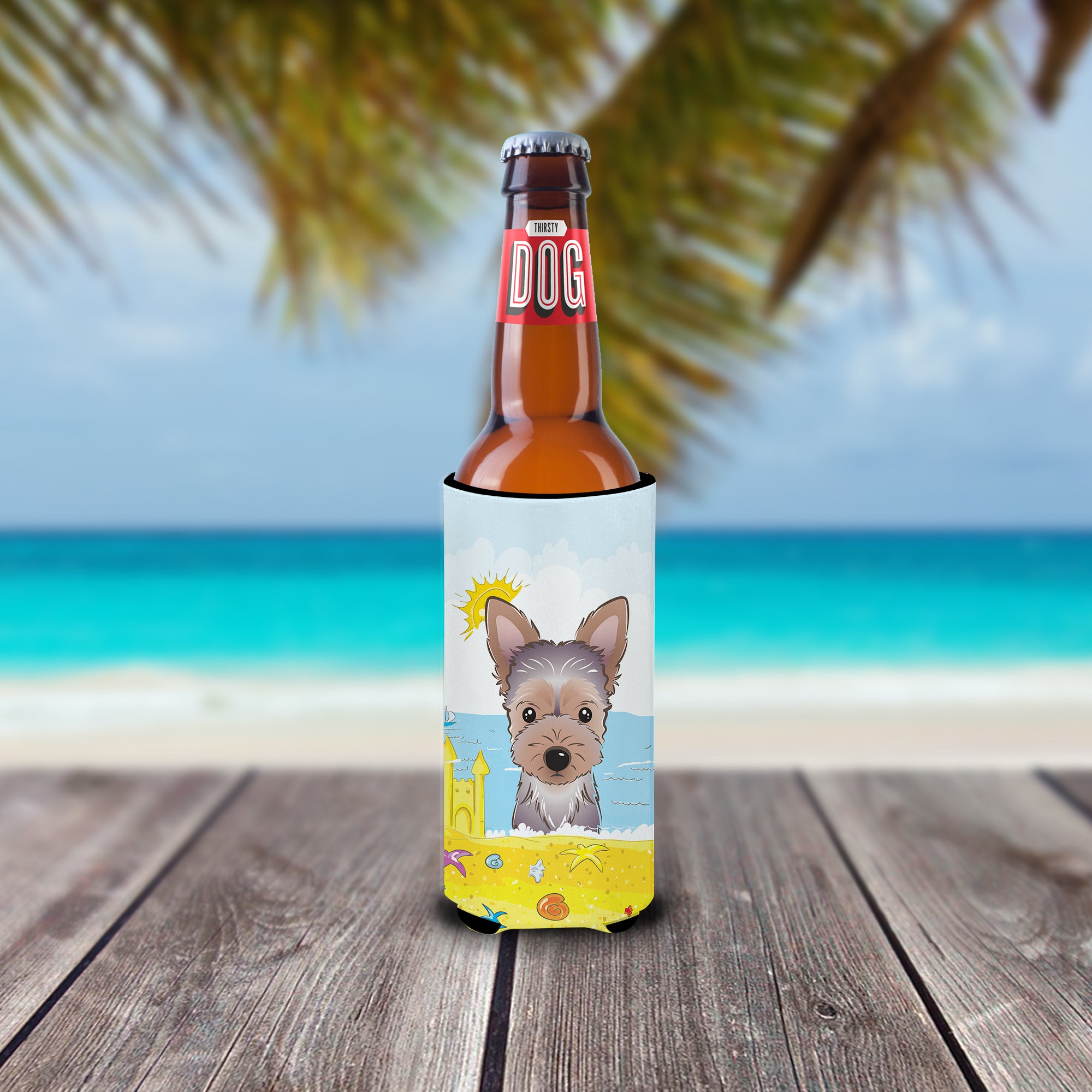 Yorkie Puppy Summer Beach  Ultra Beverage Insulator for slim cans BB2100MUK  the-store.com.