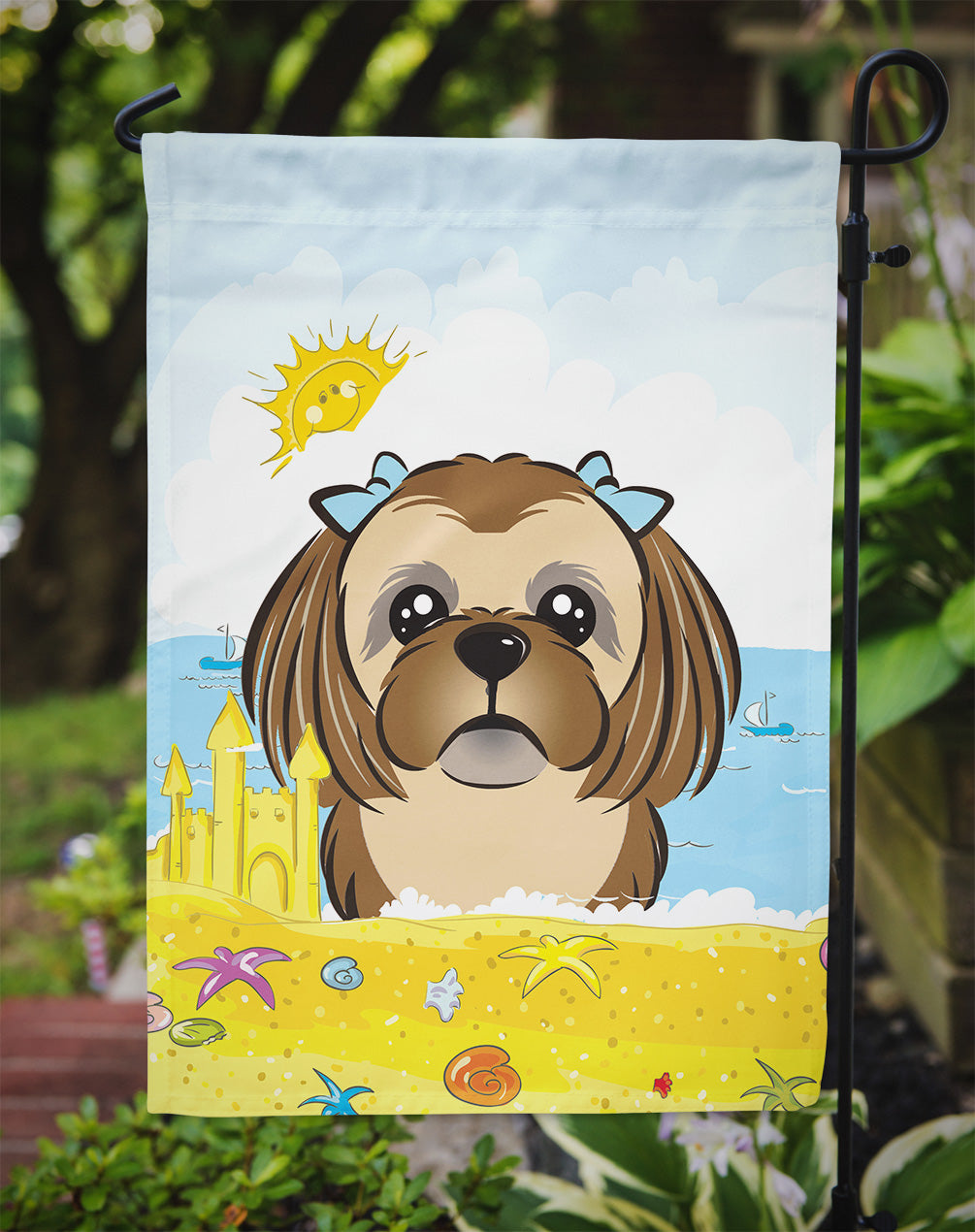 Chocolate Brown Shih Tzu Summer Beach Flag Garden Size BB2117GF.