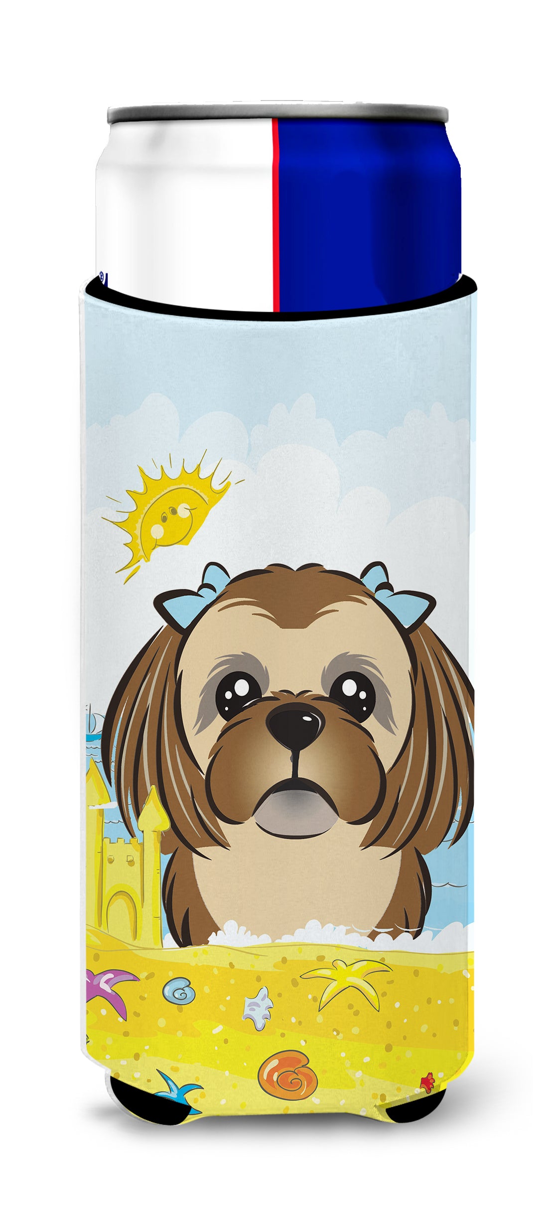 Chocolate Brown Shih Tzu Summer Beach  Ultra Beverage Insulator for slim cans BB2117MUK  the-store.com.