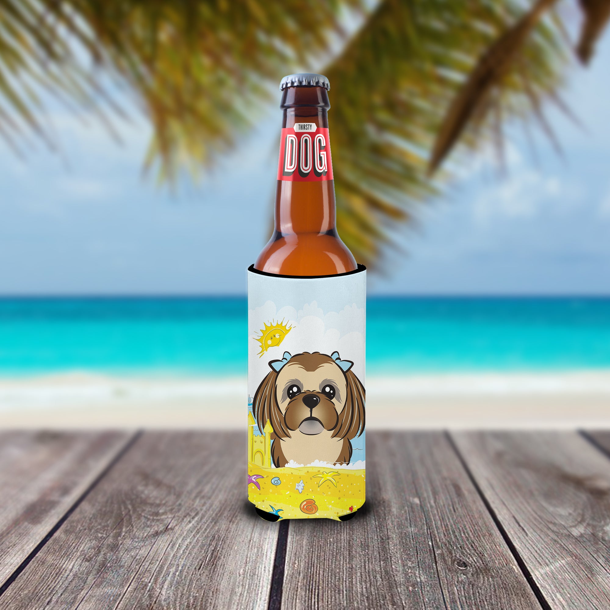 Chocolate Brown Shih Tzu Summer Beach  Ultra Beverage Insulator for slim cans BB2117MUK  the-store.com.