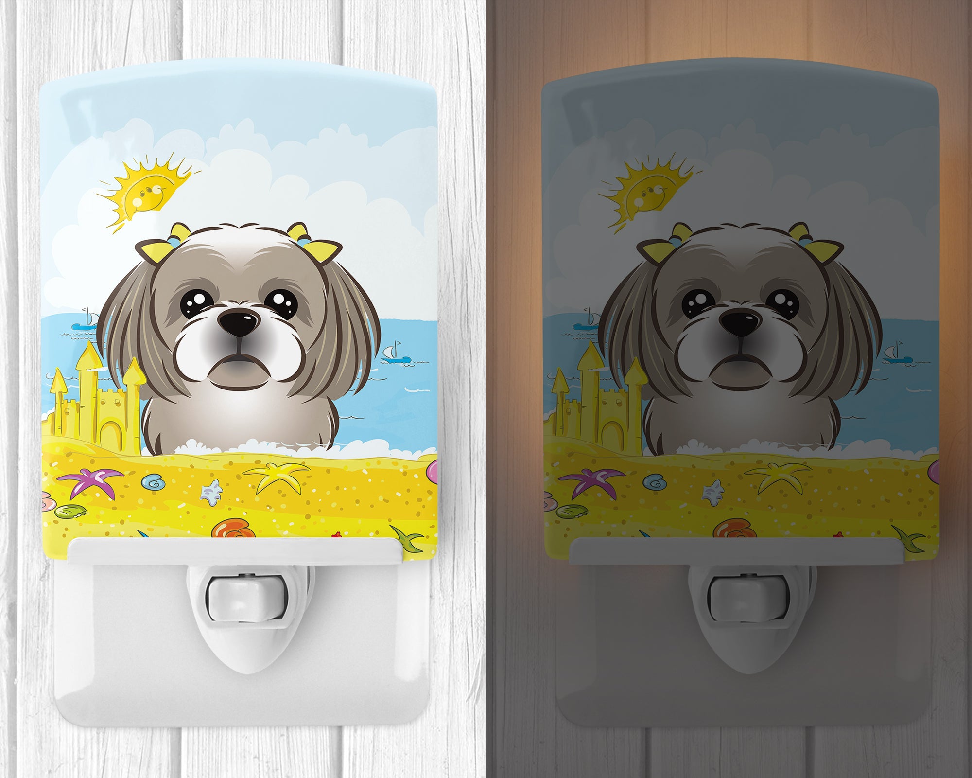 Gray Silver Shih Tzu Summer Beach Ceramic Night Light BB2118CNL - the-store.com