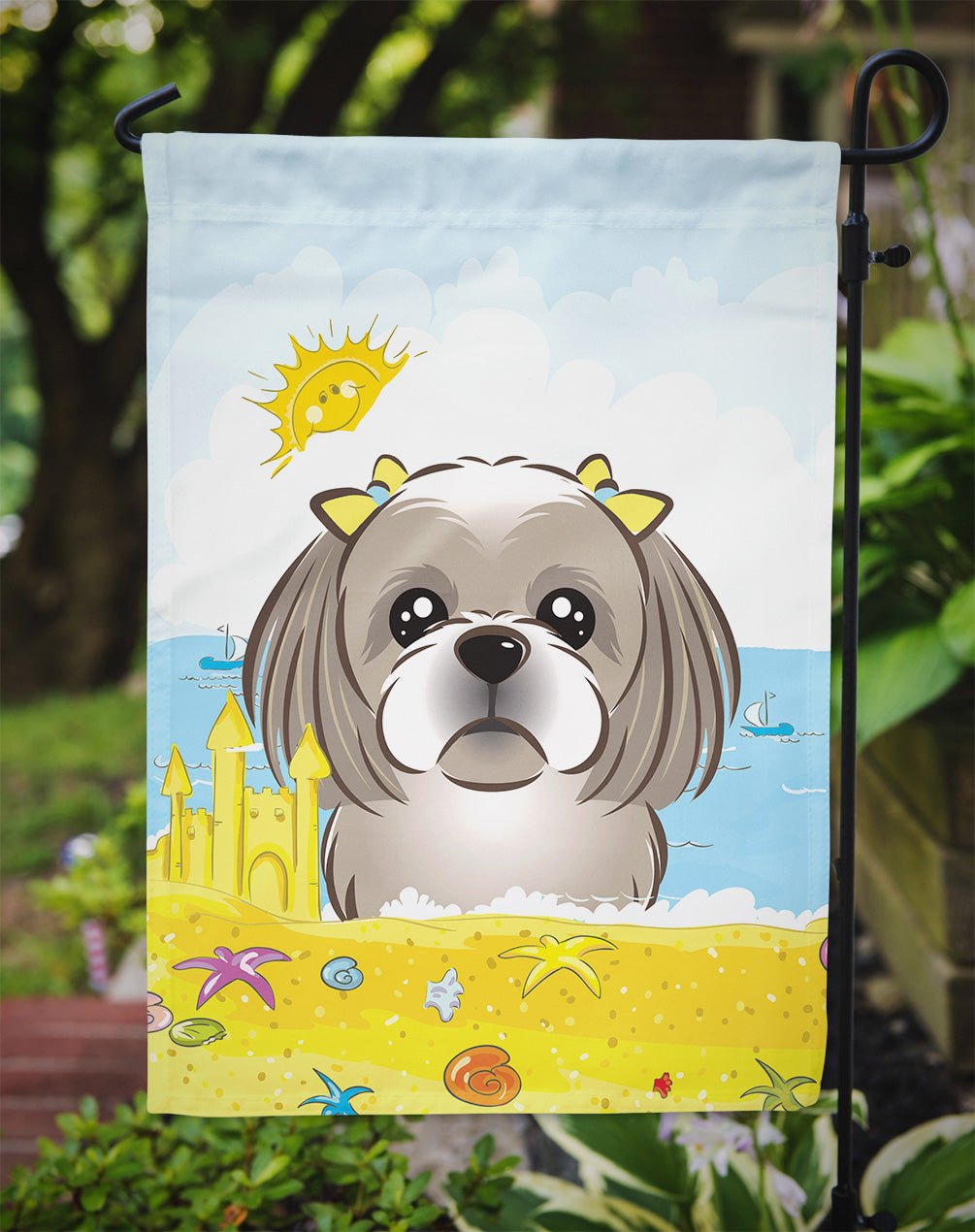 Gray Silver Shih Tzu Summer Beach Flag Garden Size BB2118GF.