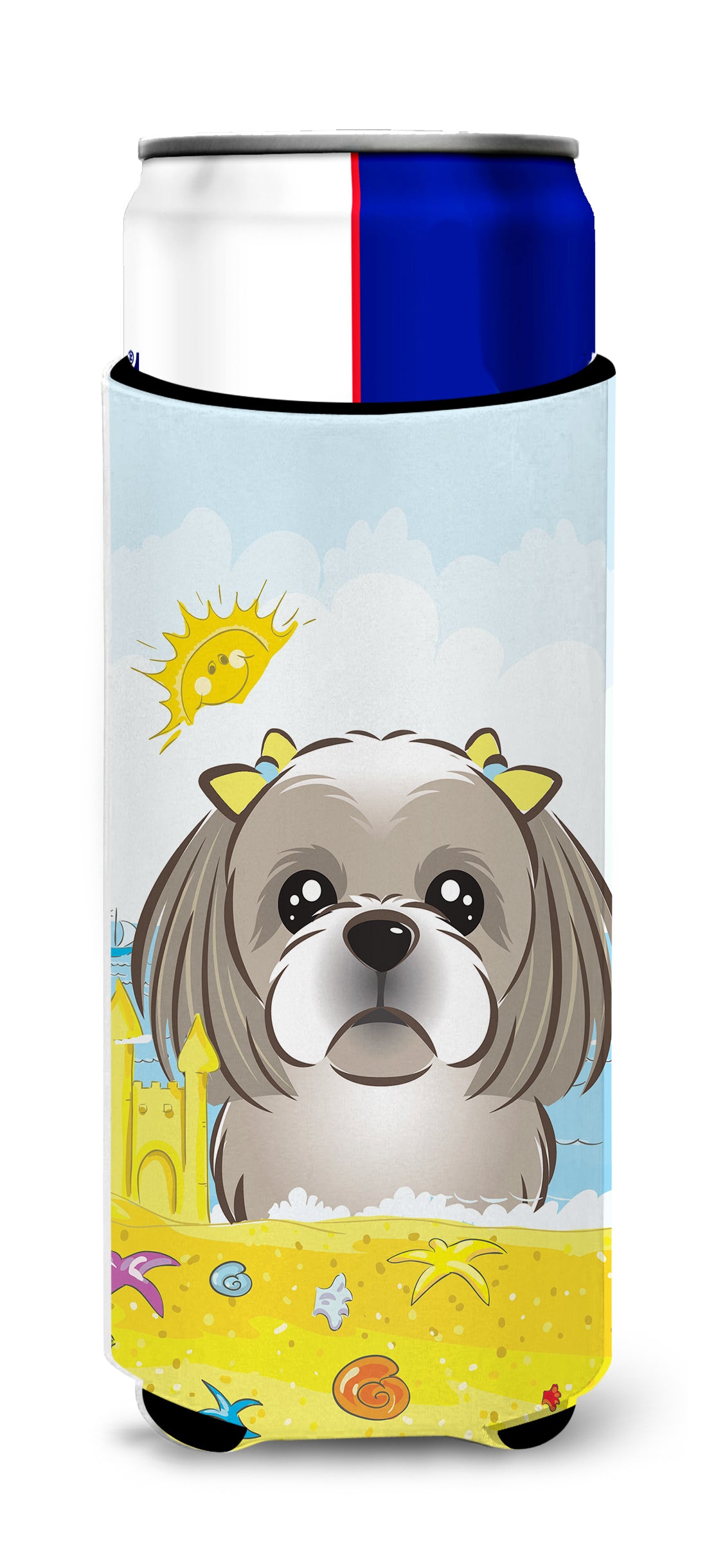 Gray Silver Shih Tzu Summer Beach  Ultra Beverage Insulator for slim cans BB2118MUK  the-store.com.