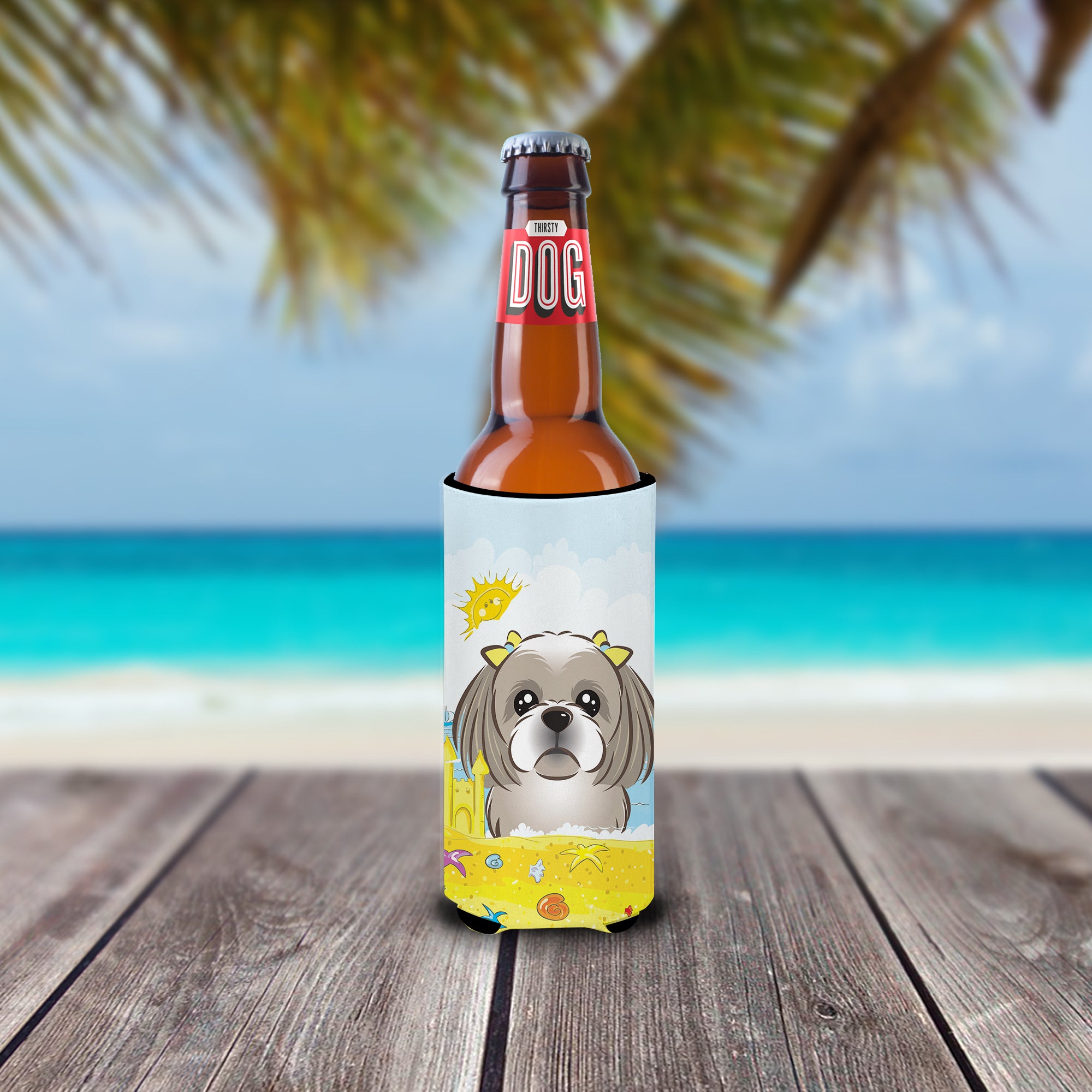 Gray Silver Shih Tzu Summer Beach  Ultra Beverage Insulator for slim cans BB2118MUK  the-store.com.