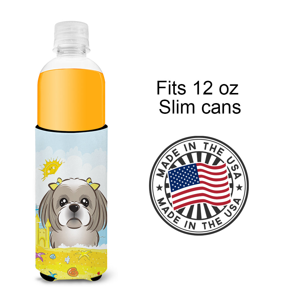 Gray Silver Shih Tzu Summer Beach  Ultra Beverage Insulator for slim cans BB2118MUK  the-store.com.