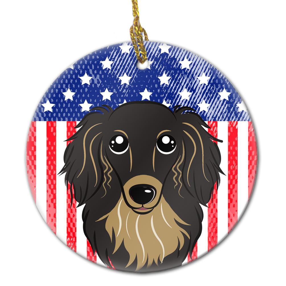 American Flag and Longhair Black and Tan Dachshund Ceramic Ornament BB2143CO1 by Caroline's Treasures