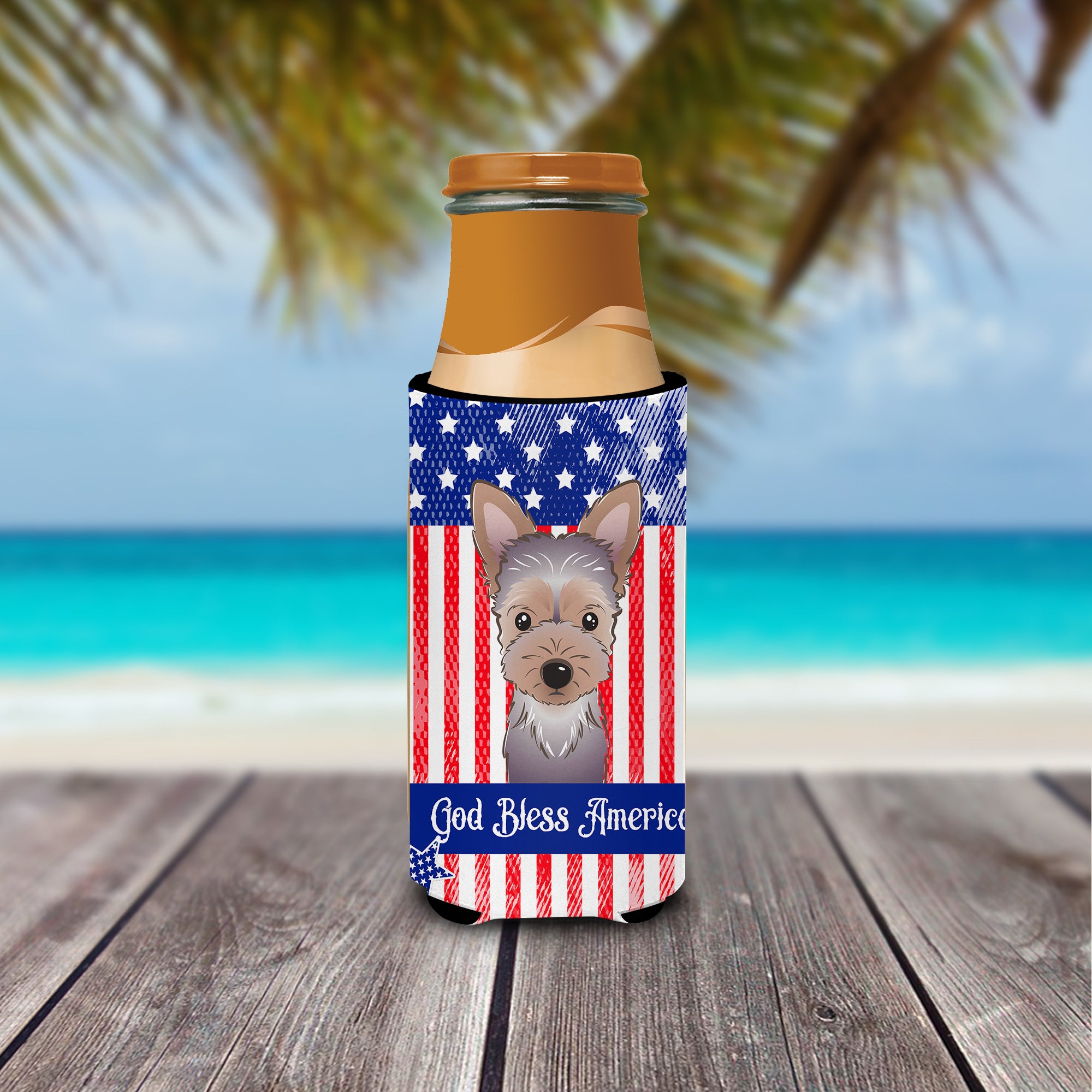 God Bless American Flag with Yorkie Puppy  Ultra Beverage Insulator for slim cans BB2162MUK  the-store.com.