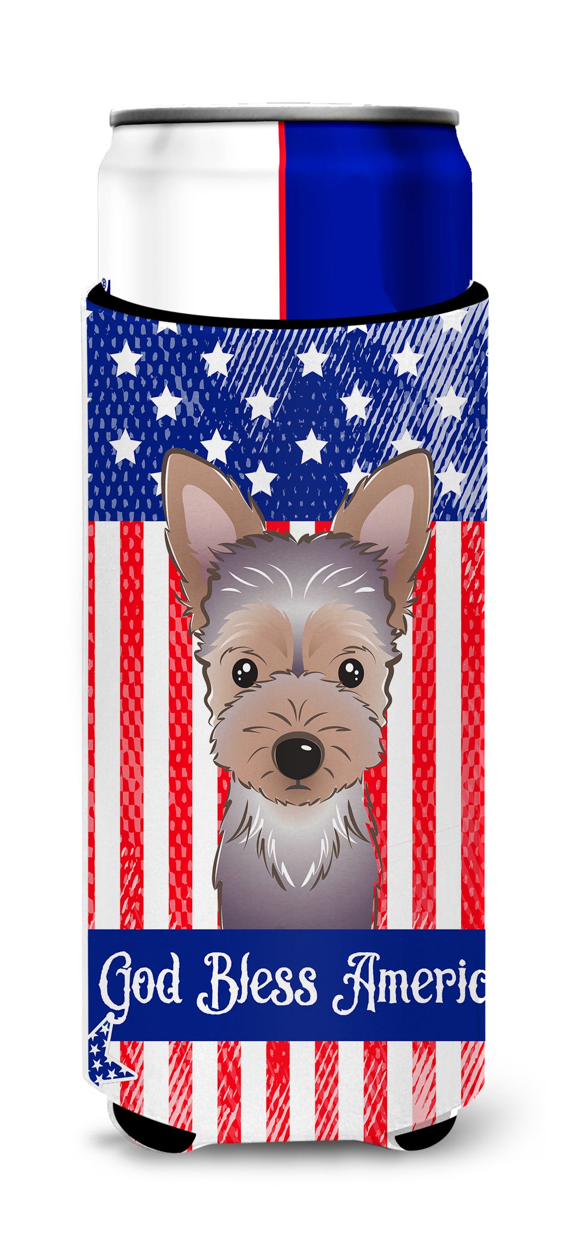 God Bless American Flag with Yorkie Puppy  Ultra Beverage Insulator for slim cans BB2162MUK  the-store.com.