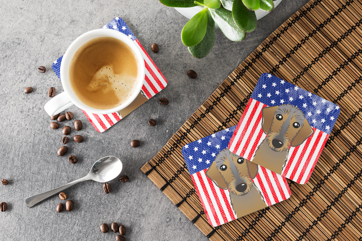 American Flag and Wirehaired Dachshund Foam Coaster Set of 4 - the-store.com