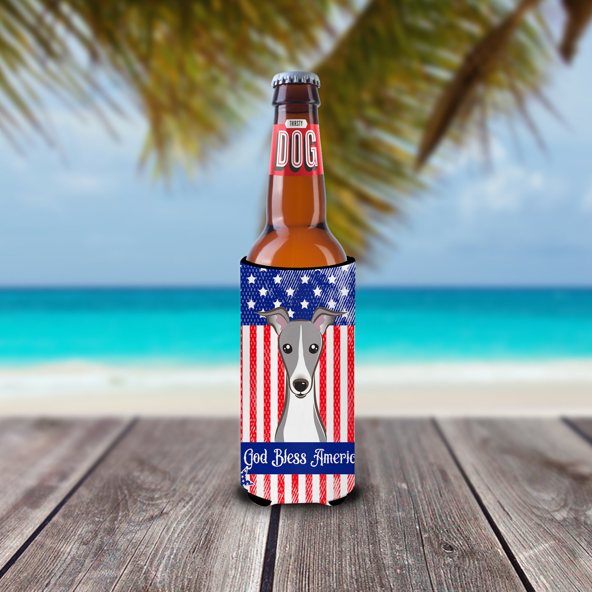 God Bless American Flag with Italian Greyhound  Ultra Beverage Insulator for slim cans BB2166MUK  the-store.com.