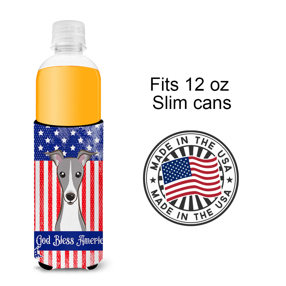 God Bless American Flag with Italian Greyhound  Ultra Beverage Insulator for slim cans BB2166MUK  the-store.com.