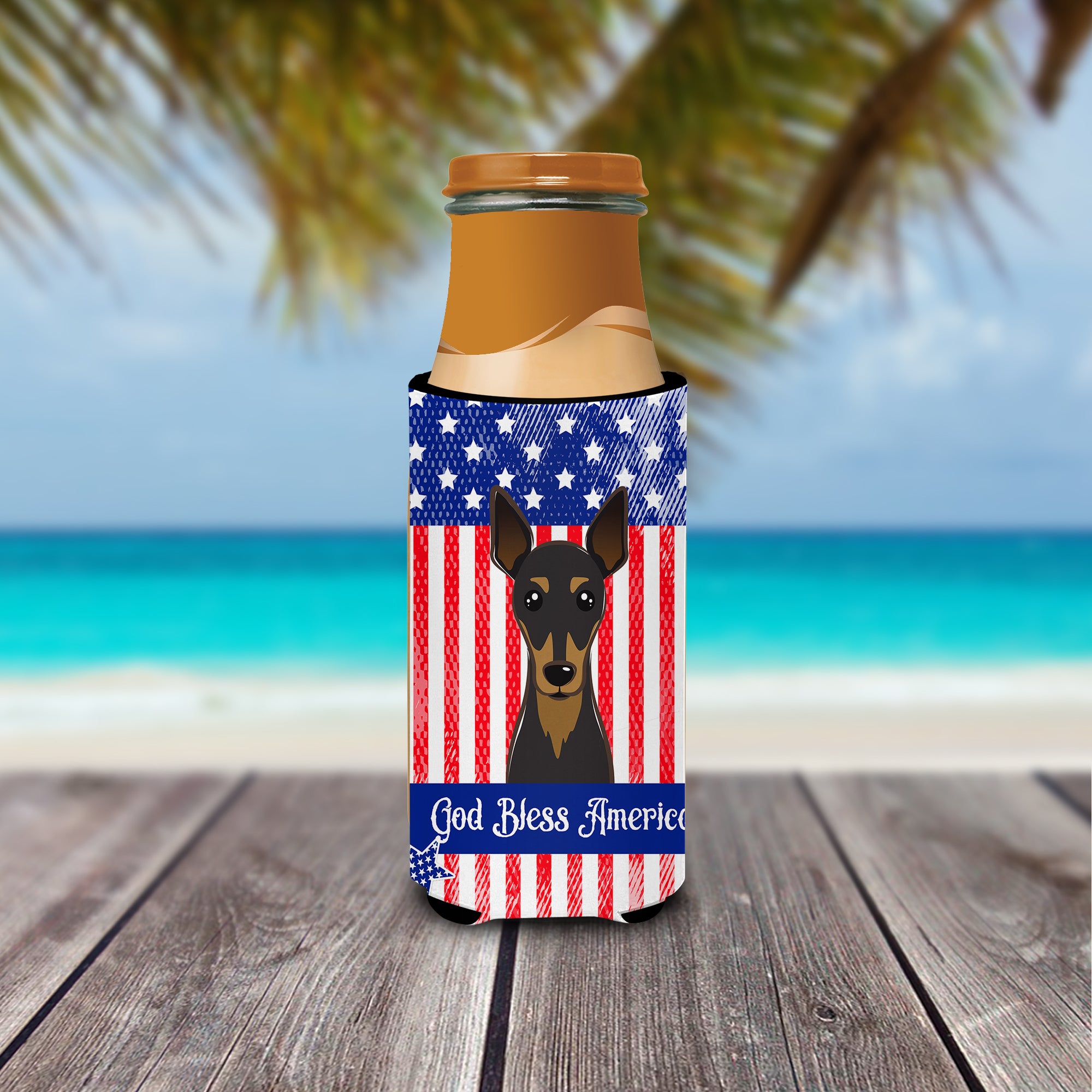 God Bless American Flag with Min Pin  Ultra Beverage Insulator for slim cans BB2170MUK  the-store.com.