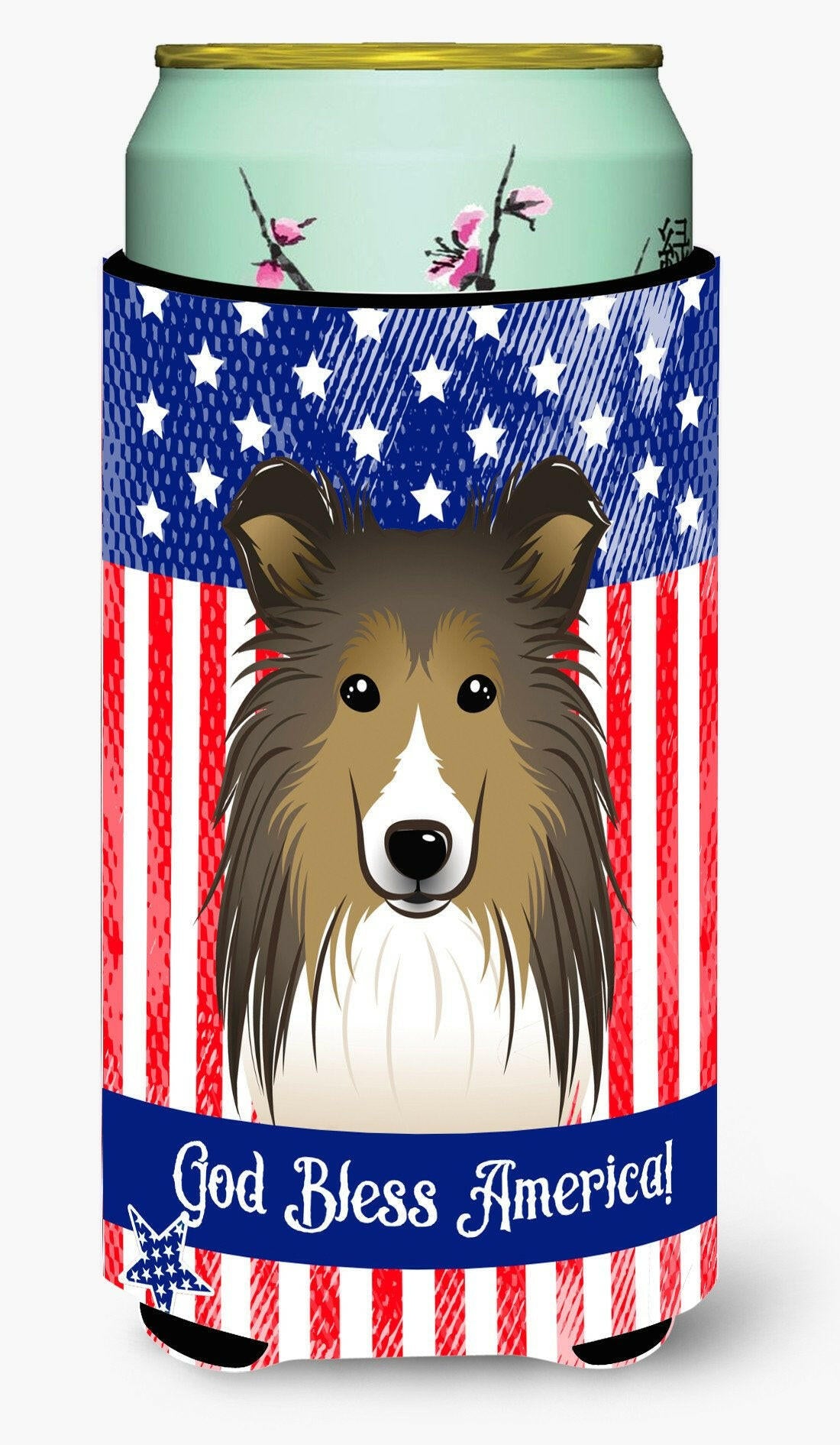 God Bless American Flag with Sheltie Tall Boy Beverage Insulator Hugger BB2172TBC by Caroline's Treasures