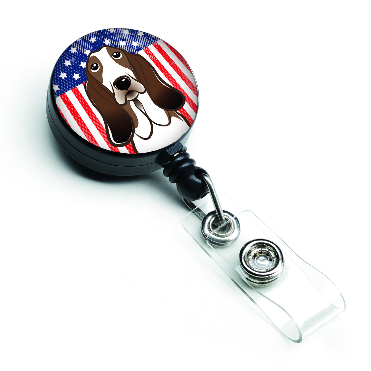 American Flag and Basset Hound Retractable Badge Reel BB2173BR.