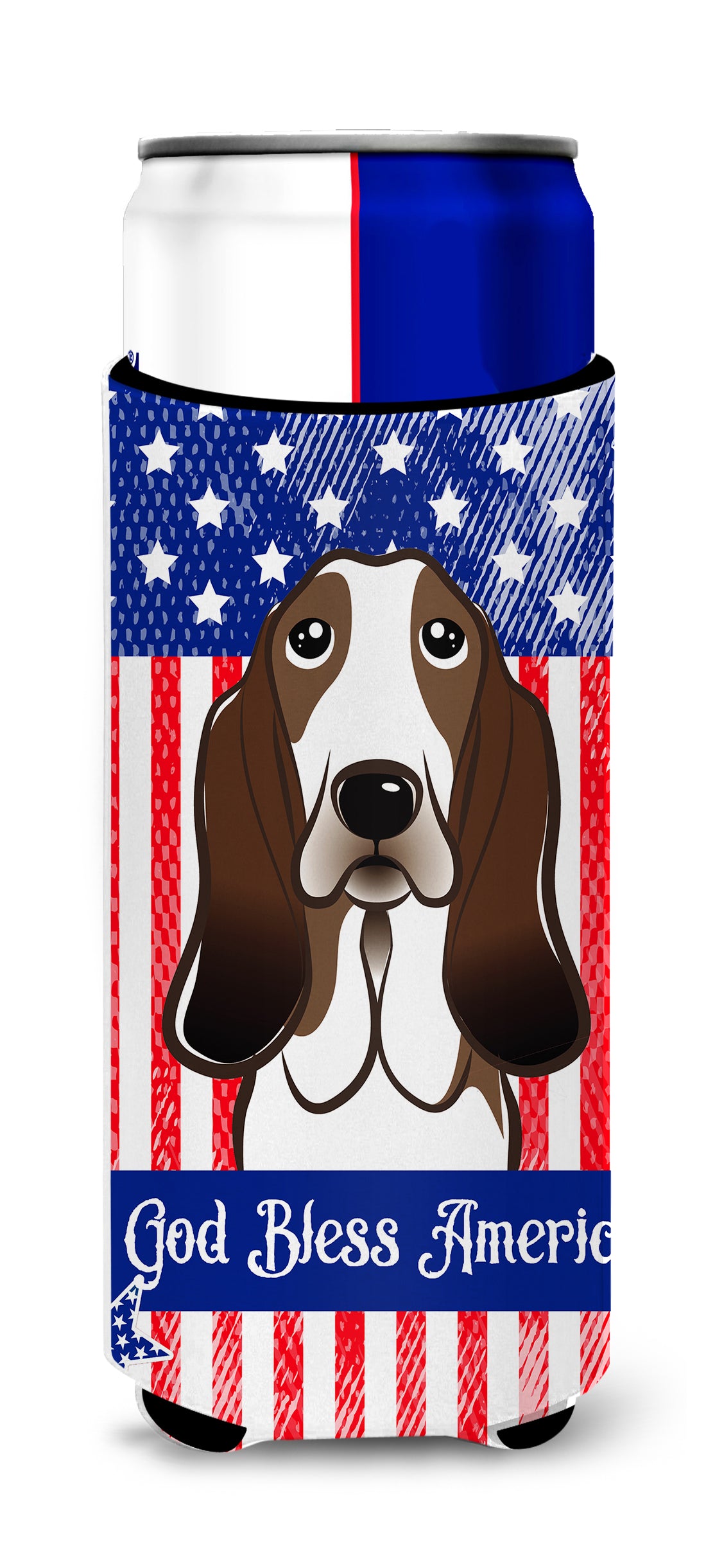 God Bless American Flag with Basset Hound  Ultra Beverage Insulator for slim cans BB2173MUK  the-store.com.