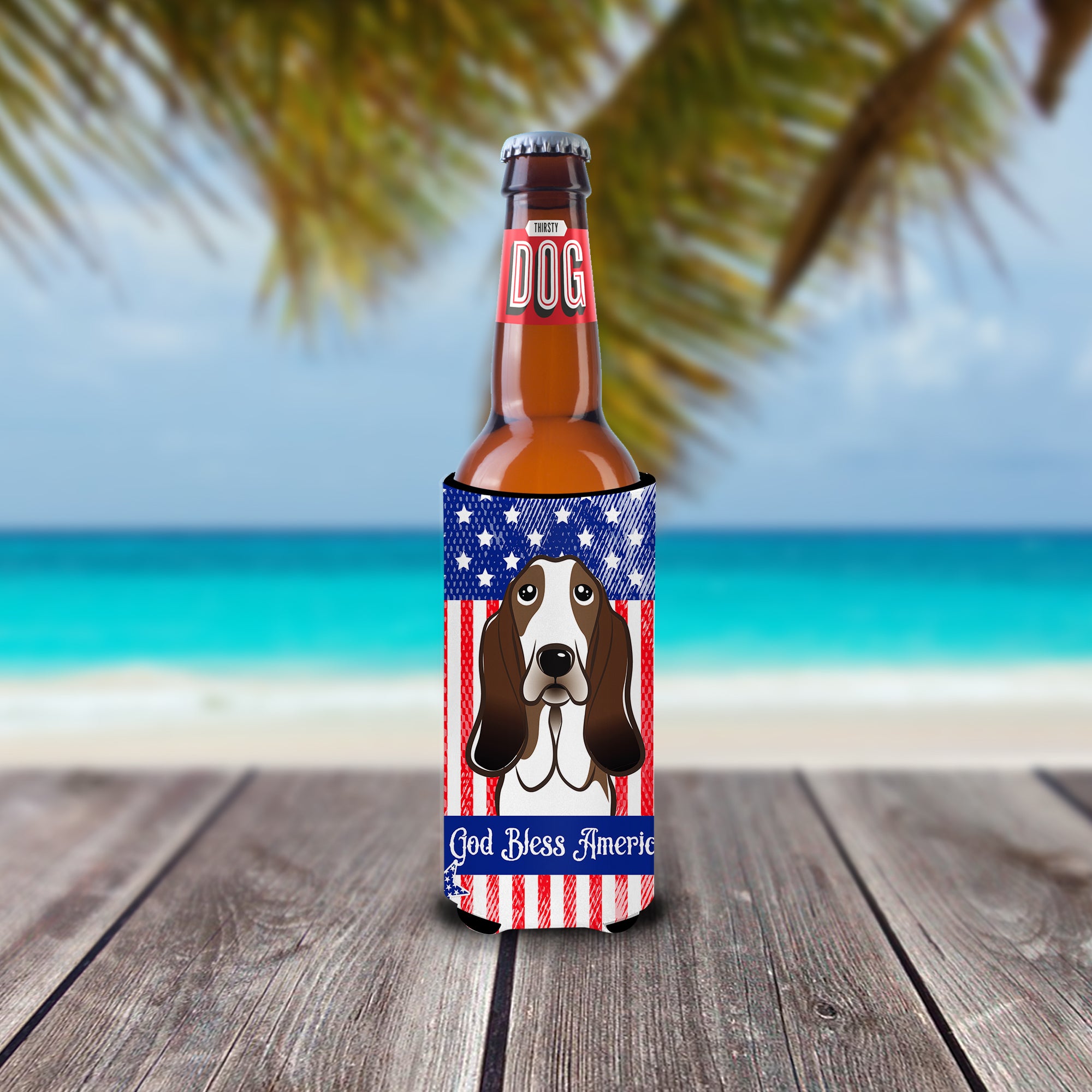 God Bless American Flag with Basset Hound  Ultra Beverage Insulator for slim cans BB2173MUK  the-store.com.