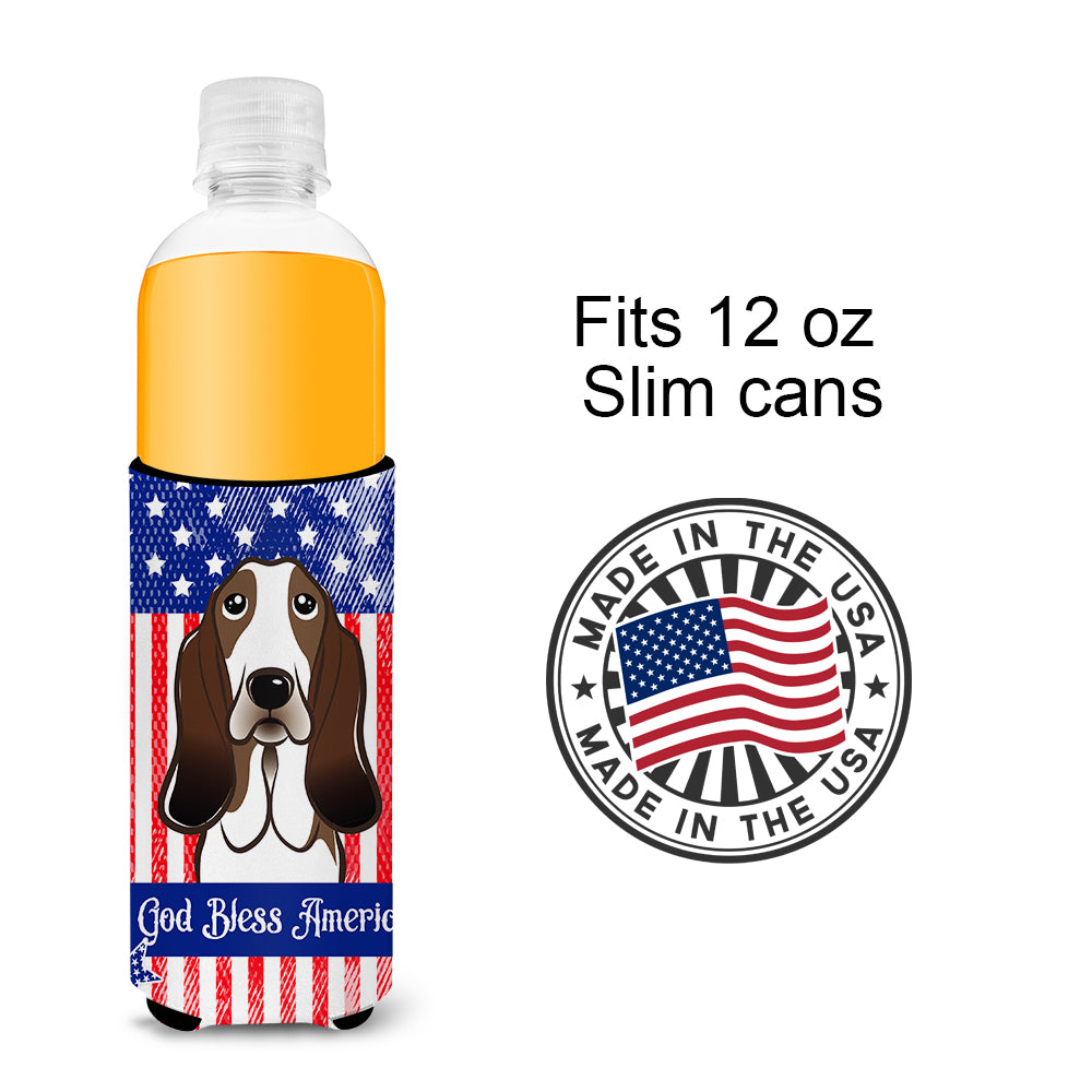 God Bless American Flag with Basset Hound  Ultra Beverage Insulator for slim cans BB2173MUK  the-store.com.