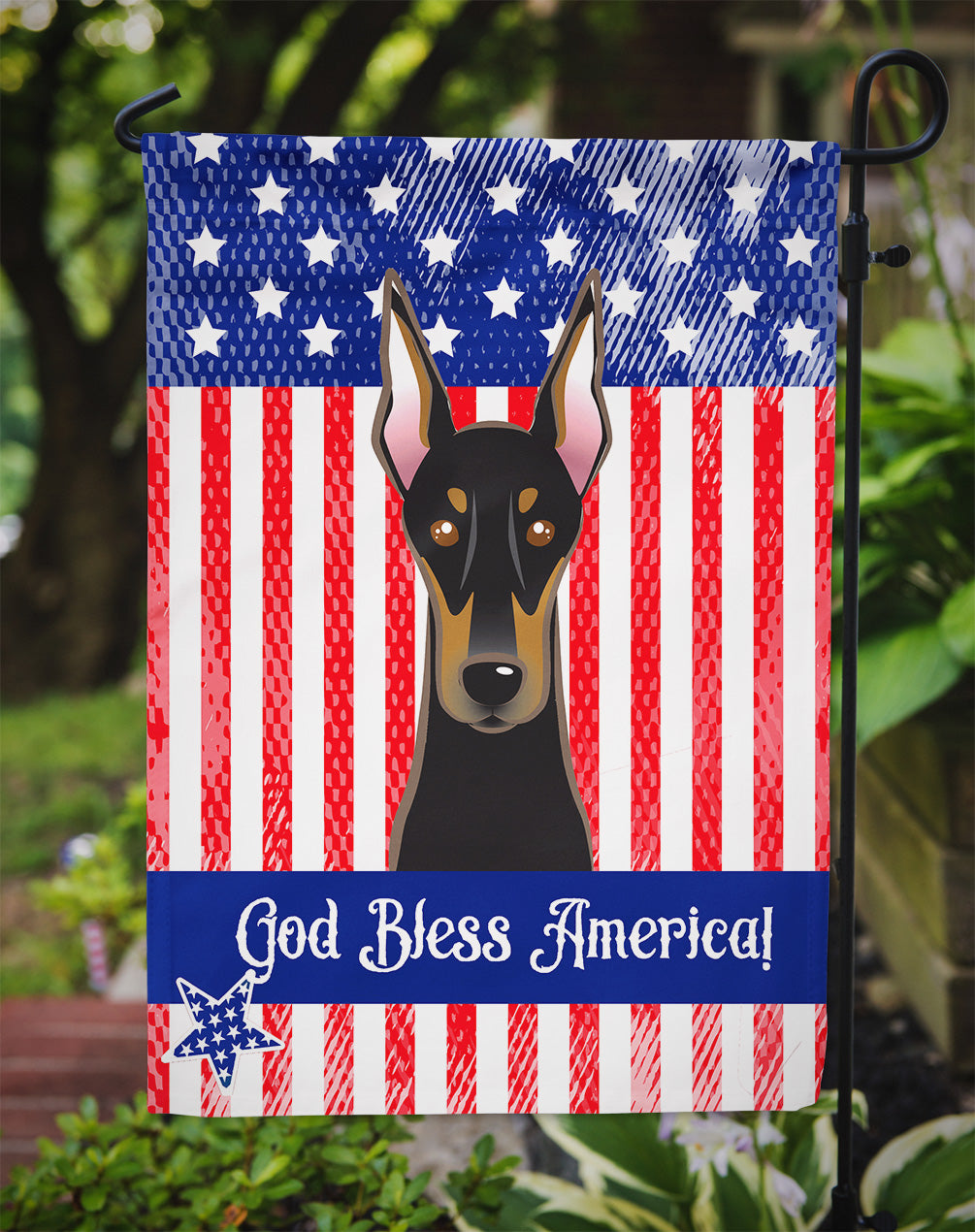 God Bless American Flag with Doberman Flag Garden Size BB2175GF.