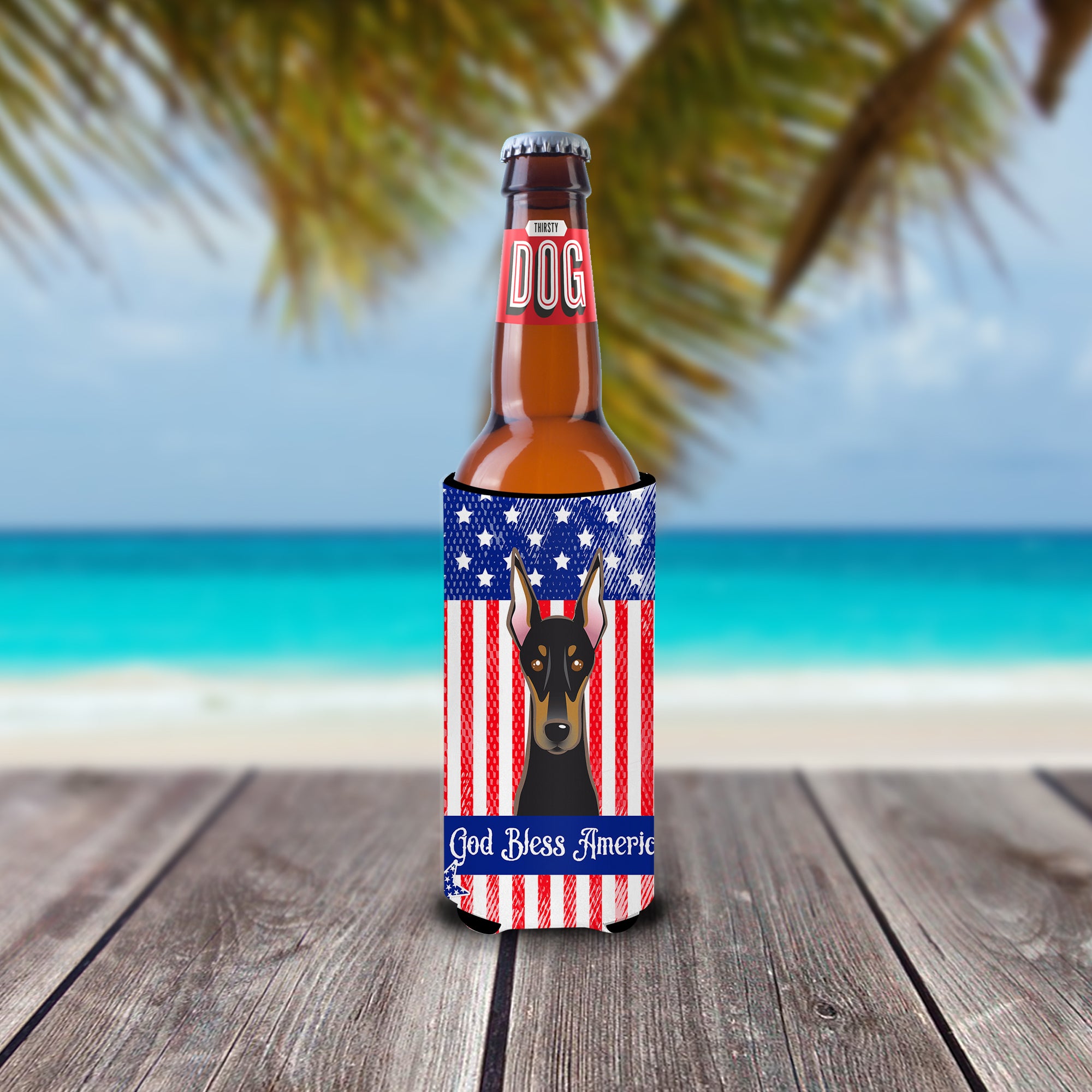 God Bless American Flag with Doberman  Ultra Beverage Insulator for slim cans BB2175MUK  the-store.com.