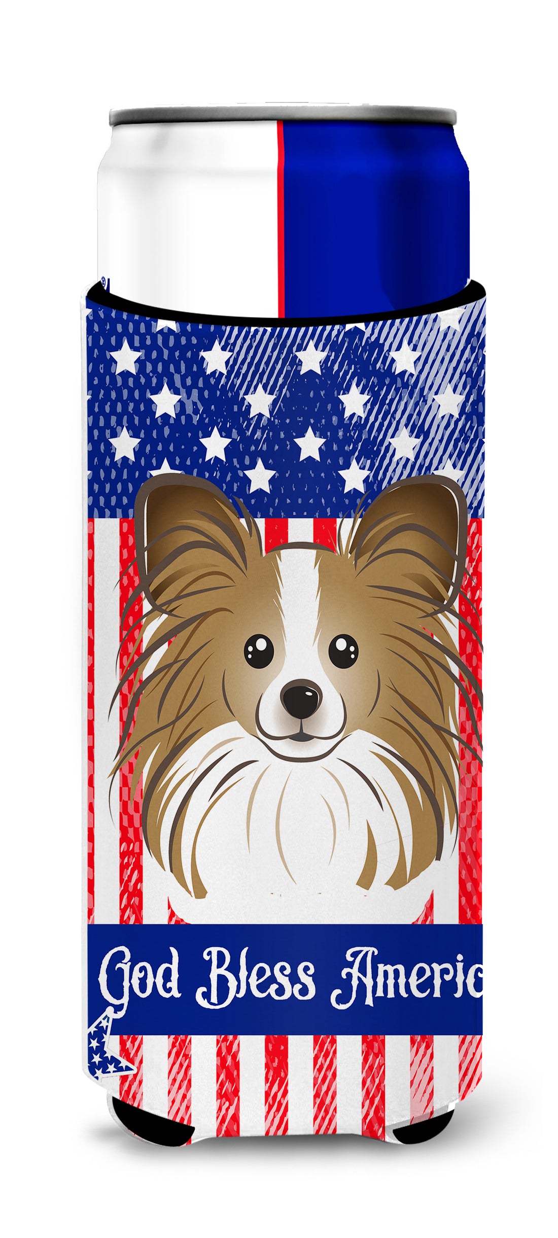 God Bless American Flag with Papillon  Ultra Beverage Insulator for slim cans BB2178MUK  the-store.com.