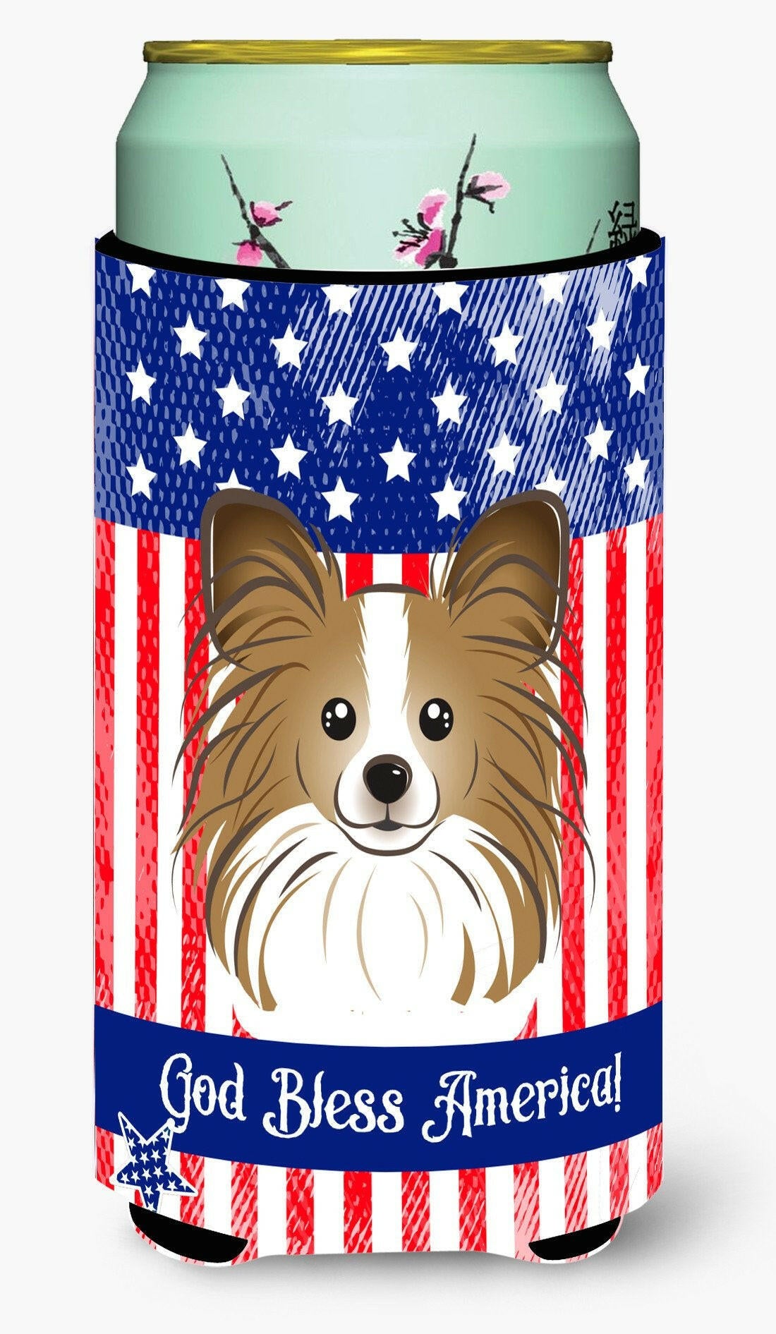 God Bless American Flag with Papillon Tall Boy Beverage Insulator Hugger BB2178TBC by Caroline's Treasures