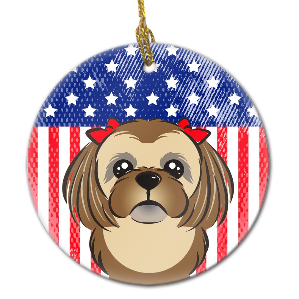 American Flag and Chocolate Brown Shih Tzu Ceramic Ornament BB2179CO1 by Caroline&#39;s Treasures