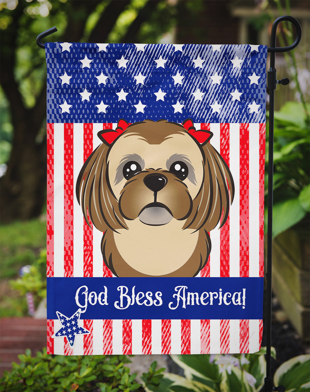 God Bless American Flag with Chocolate Brown Shih Tzu Flag Garden Size BB2179GF.